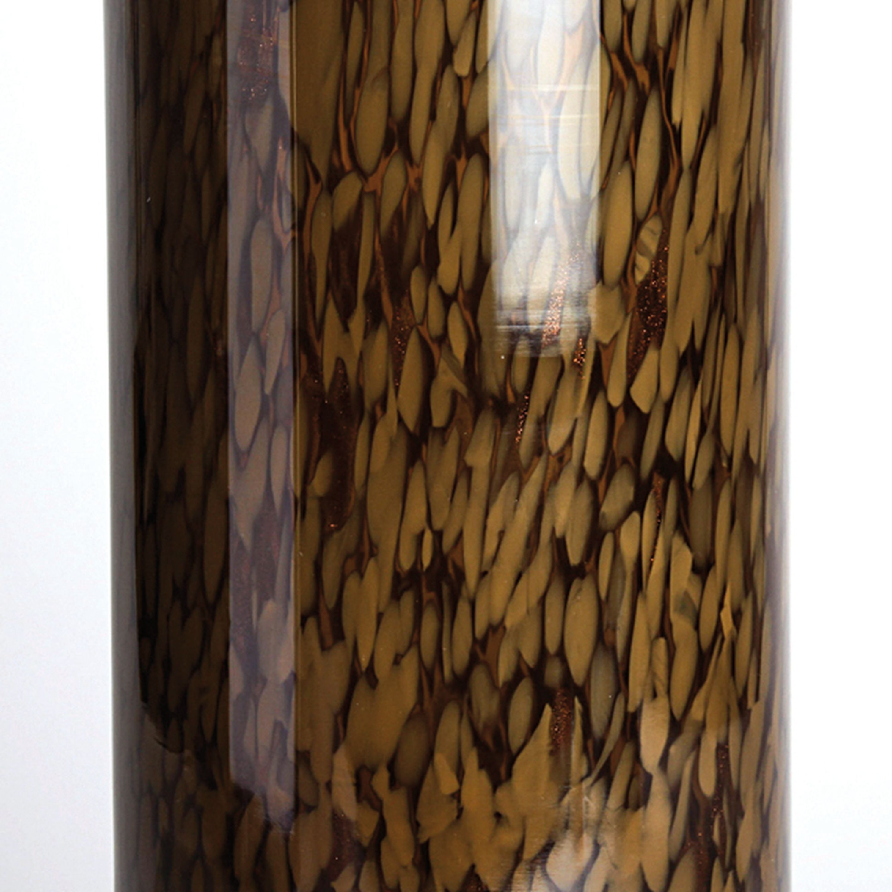 Detail b: A Macchie-Zylindervase, Cenedese, Murano, Musterstück, rauchgrünes Glas, milchweiße und Kupferpulver-Einschmelzungen, H. 35 cm, min. Chip am Rand