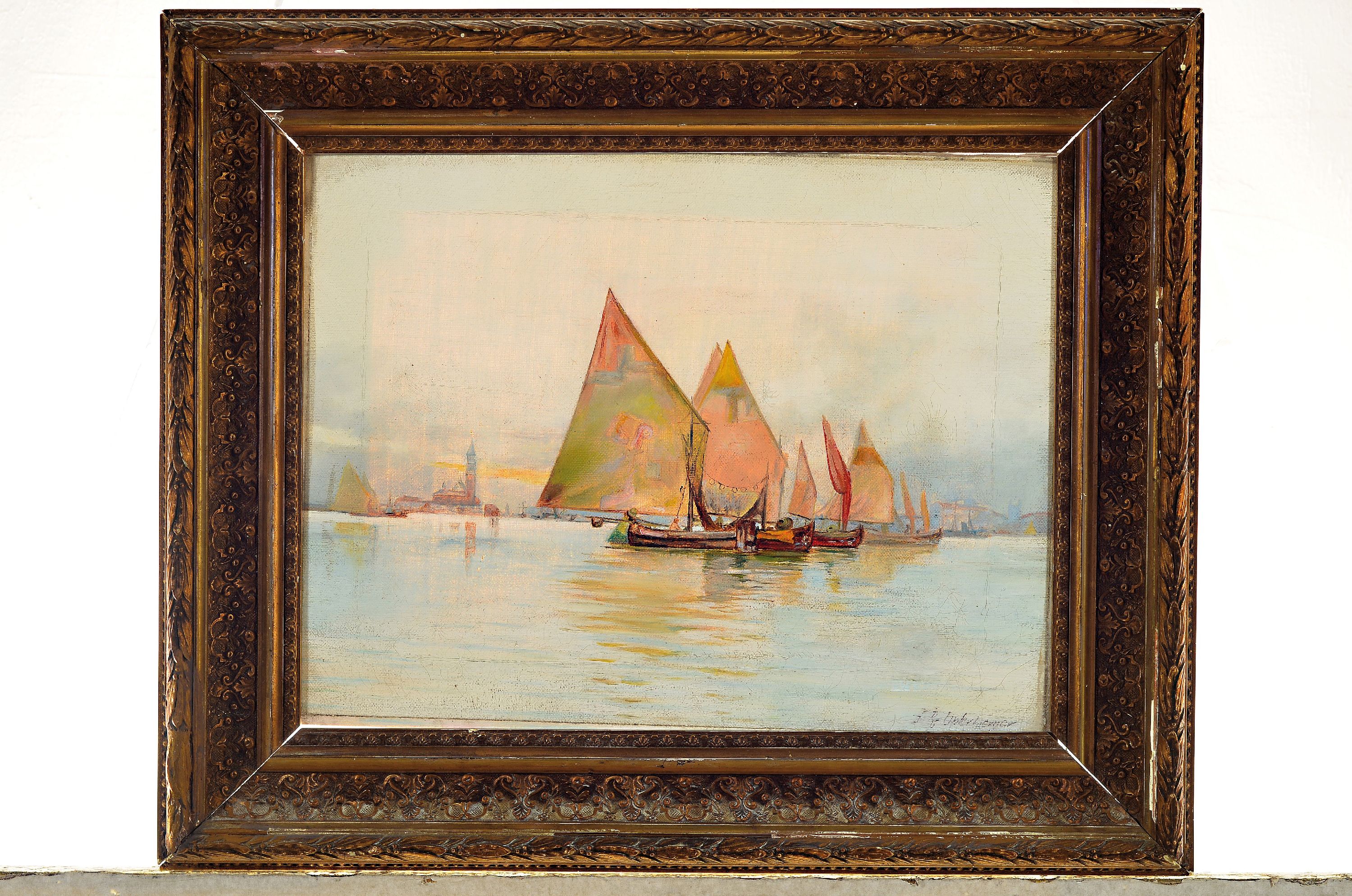 Detail k: Zuschreibung: Franz Richard Unterberger, 1838 Innsbruck-1902 Neuilly, Segelboote vor Stadtkulisse, Öl/Lwd, rechts unten signiert, ca. 27x36cm, R. ...
