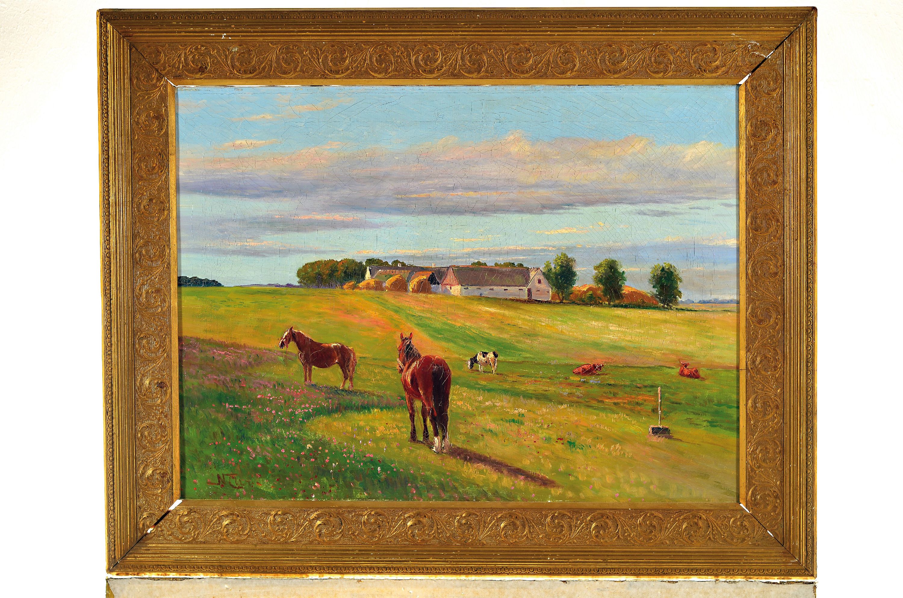 Detail k: Frantz Landt, 1885-1976 Dänemark, Pferde und Kühe auf der Weide, im Hintergrund ein Bauernhof, Öl/Lwd, altersbedingt krakeliert, links unten ...