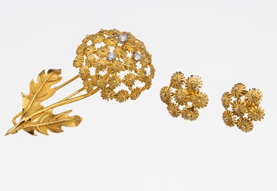 Image 26921107 - 14 kt Gold Brillant-Schmuckset, GG 585/000,in Form von Hortensien, best. aus: Brosche ...