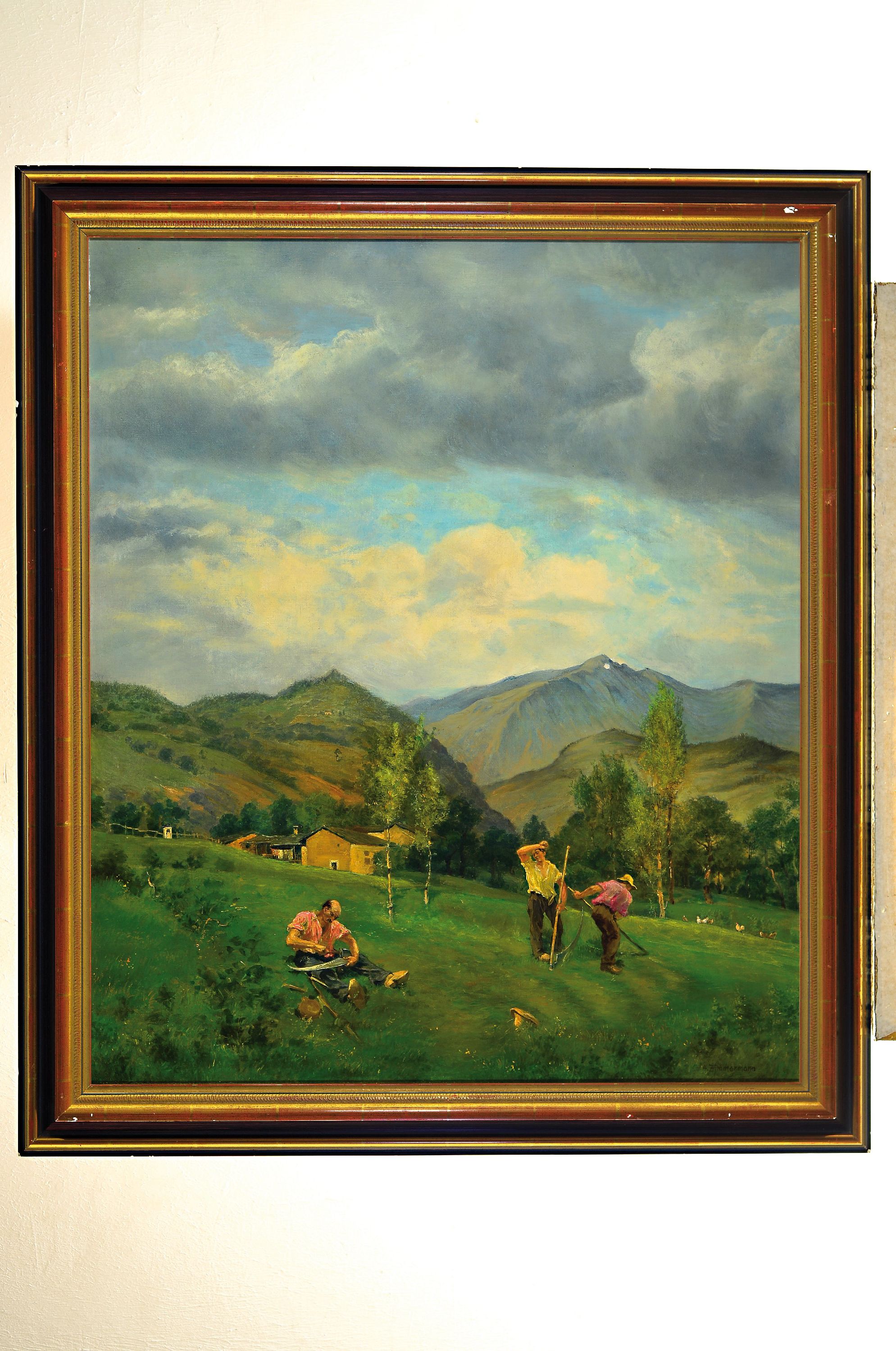 Detail k: Alfred Zimmermann, 1854-1910, Bei der Heuernte in Voralpenlandschaft, Öl/Lwd, rechts unten signiert, ca. 88x74cm, R. ca. 101x87 cm
