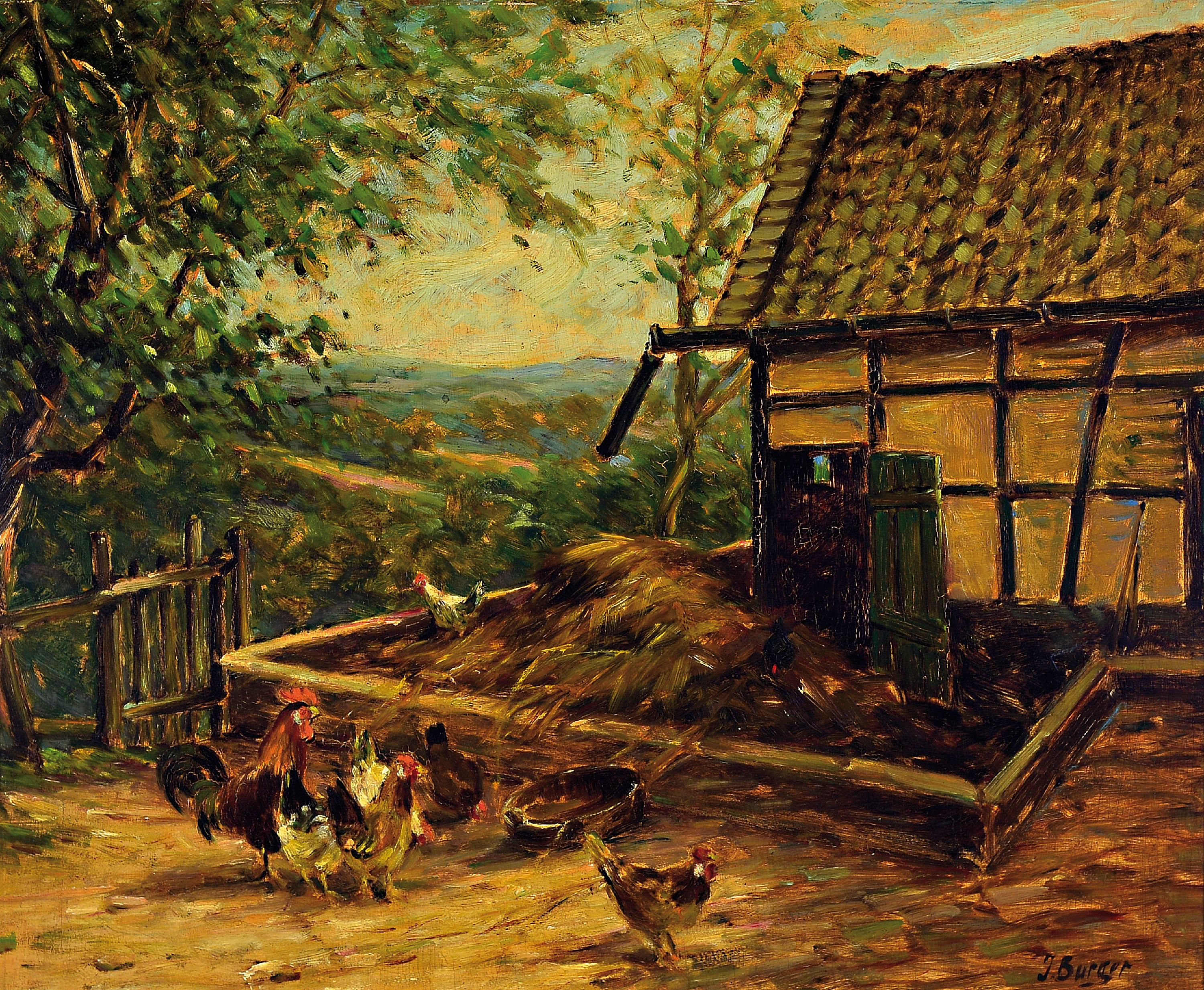 Josef Burger, 1887 München-1968, Hühner auf dem Bauernhof, Öl/Malkarton, rechts unten signiert, ca. 50x60cm, R. ca. 64x74cm