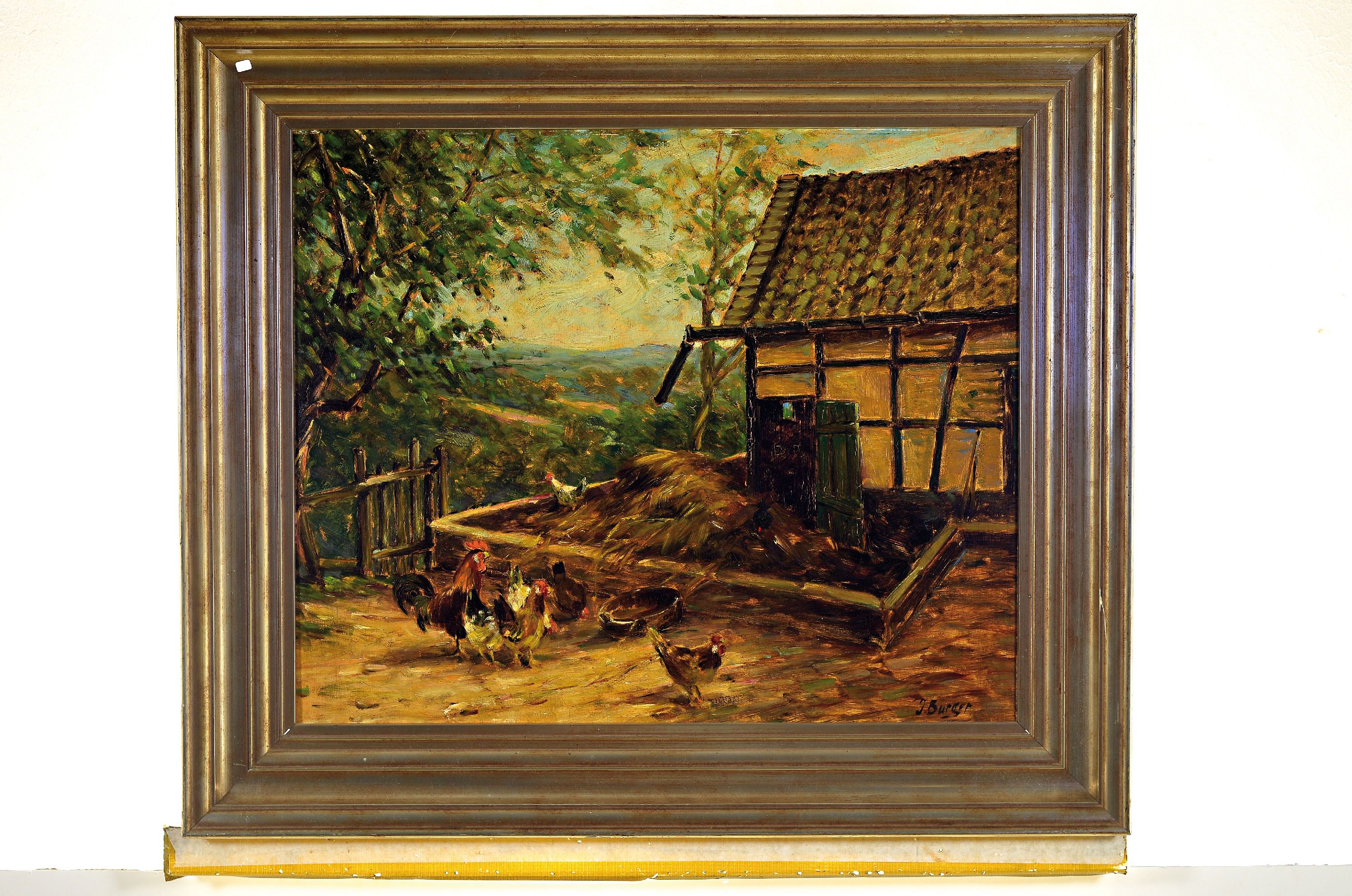 Detail k: Josef Burger, 1887 München-1968, Hühner auf dem Bauernhof, Öl/Malkarton, rechts unten signiert, ca. 50x60cm, R. ca. 64x74cm