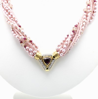 Image 26921311 - 10-reihiges Collier mit Biwazuchtperlen, Brillanten und Farbsteinen, GG 750/000, Brill. ...