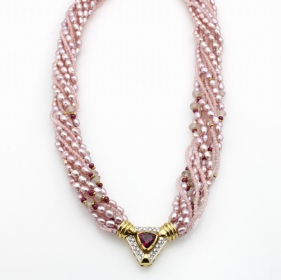 26921311a - 10-reihiges Collier mit Biwazuchtperlen, Brillanten und Farbsteinen, GG 750/000, Brill. ...