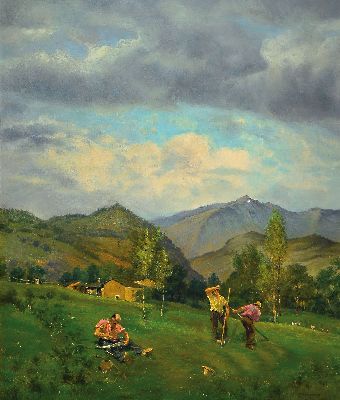 Image Alfred Zimmermann, 1854-1910, Bei der Heuernte in Voralpenlandschaft, Öl/Lwd, ...