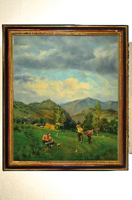 26921316k - Alfred Zimmermann, 1854-1910, Bei der Heuernte in Voralpenlandschaft, Öl/Lwd, ...