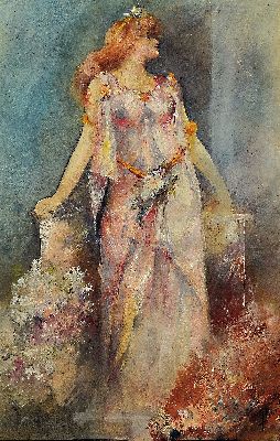 Image 26921318 - P.Barth, stehende Frau im Jugendstilgewand, Aquarell auf Papier, rechts unten signiert, ...