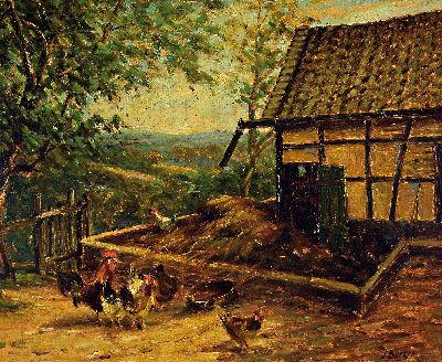 Image Josef Burger, 1887 München-1968, Hühner auf dem Bauernhof, Öl/Malkarton, ...