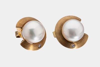 Image Paar 14 kt Gold Zuchtperl-Brillant-Ohrstecker, GG 585/000, 2 weiße Zuchtperlen, D. ...
