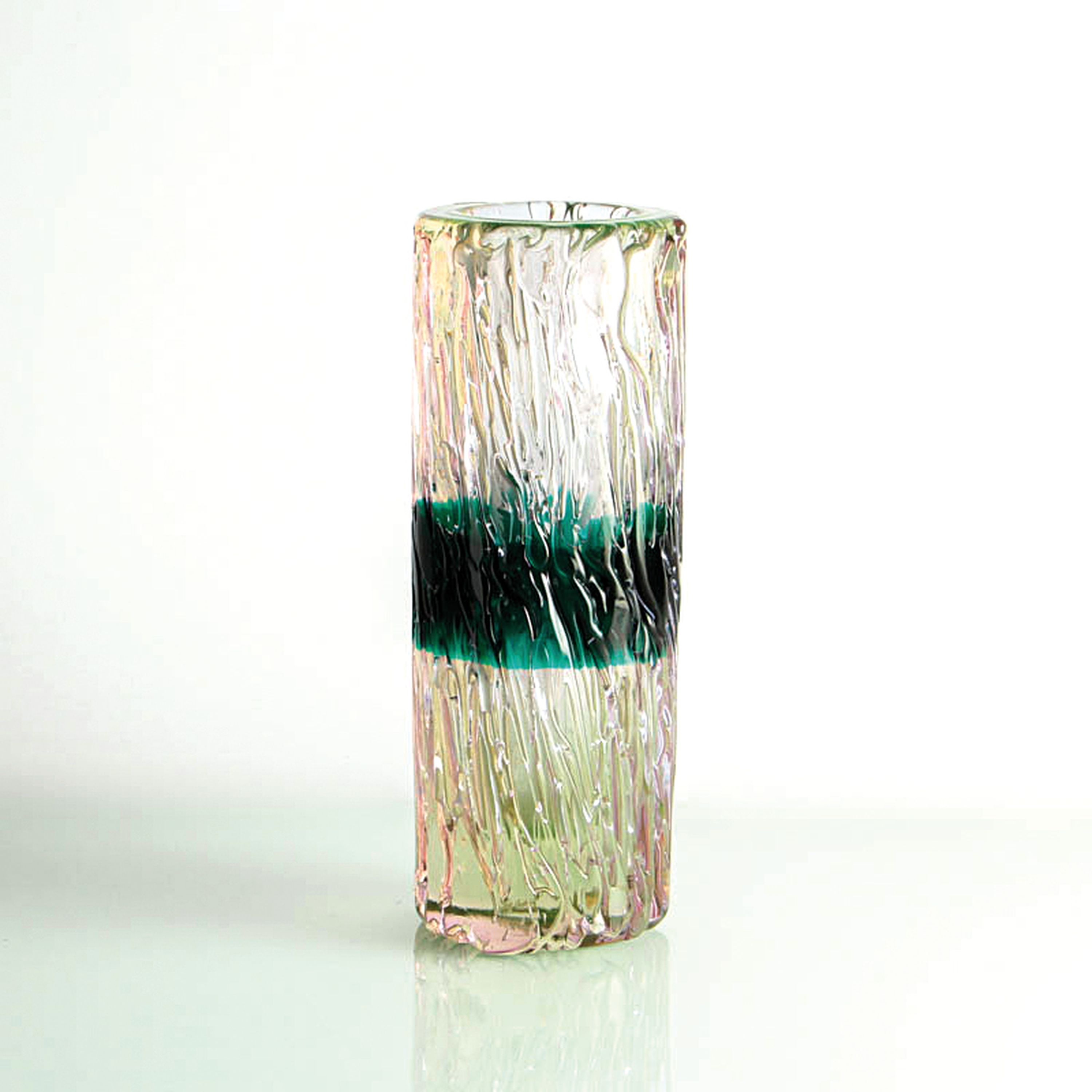 Glasvase, Ermanno Nason für Cenedese, grün getöntes Glas, eingeschmolzener türkisfarbener Streifen, organisch strukturierte Oberfläche, H. 29,5 ...