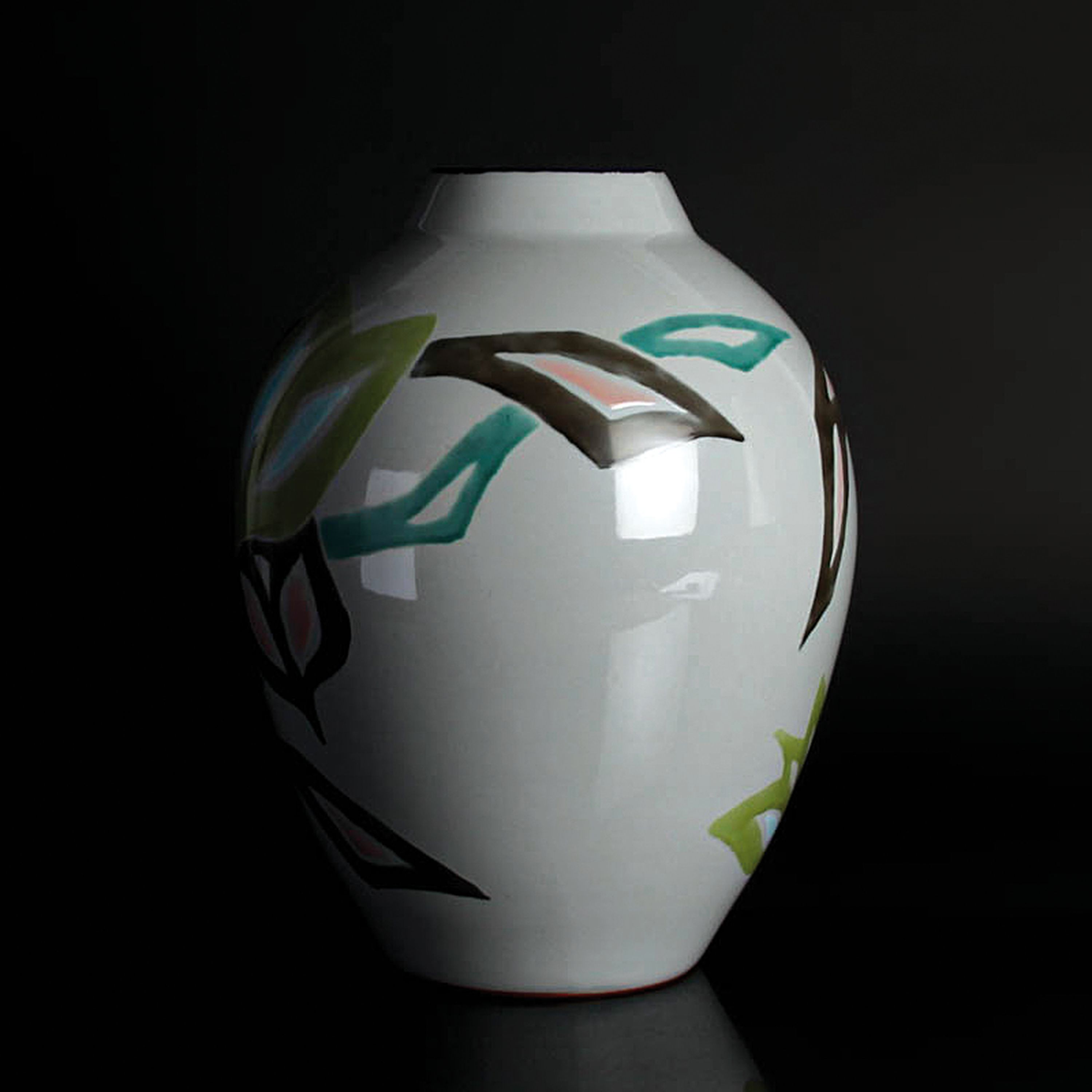 Detail c: Bodenvase, Royal Copenhagen, Entw. Helge Jensen, 1950/60er-Jahre, vielfarbiger abstrakter Dekor auf grauem Grund, H. 34 cm