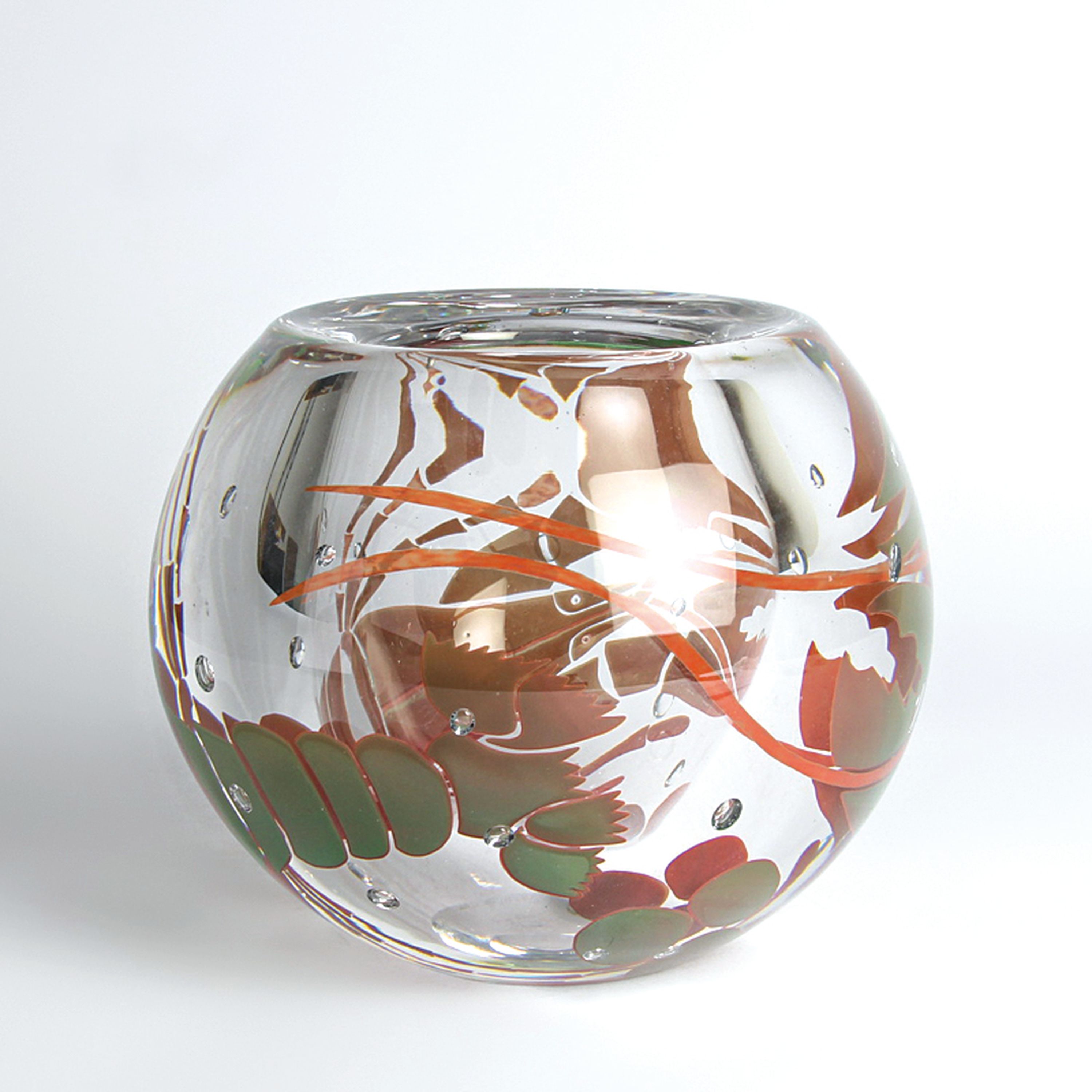 Detail d: Kugelvase "Lobster", Hanne Dreutler & Arthur Zirnsack, Studio Arhus, Schweden, 1989, dickwandiges farbloses Glas, eingeschmolzene ...