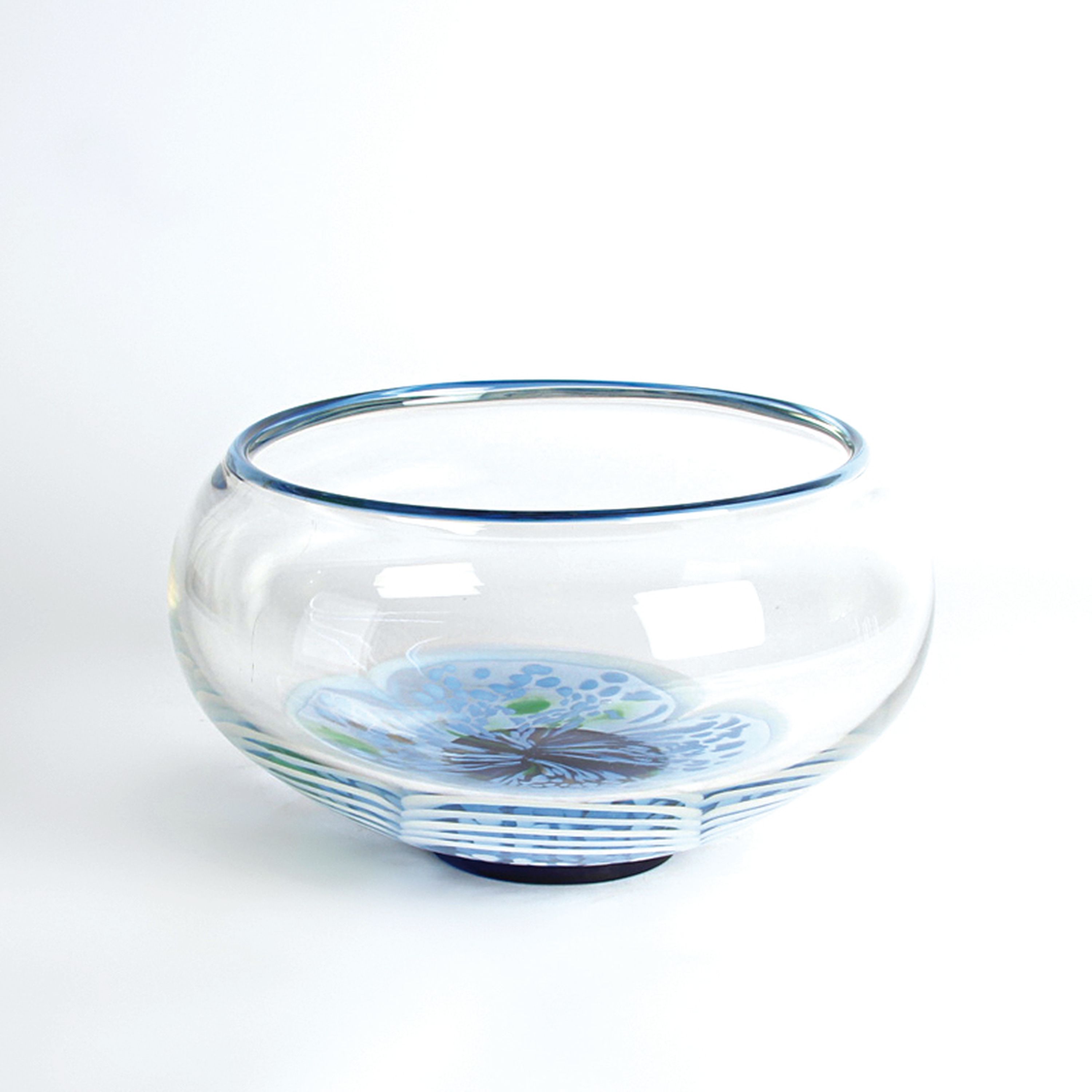 Vetro a macchie-Schüssel, Cenedese, Murano, farbloses Glas, im Boden a macchie-Einschmelzungen in blau, D. 25 cm