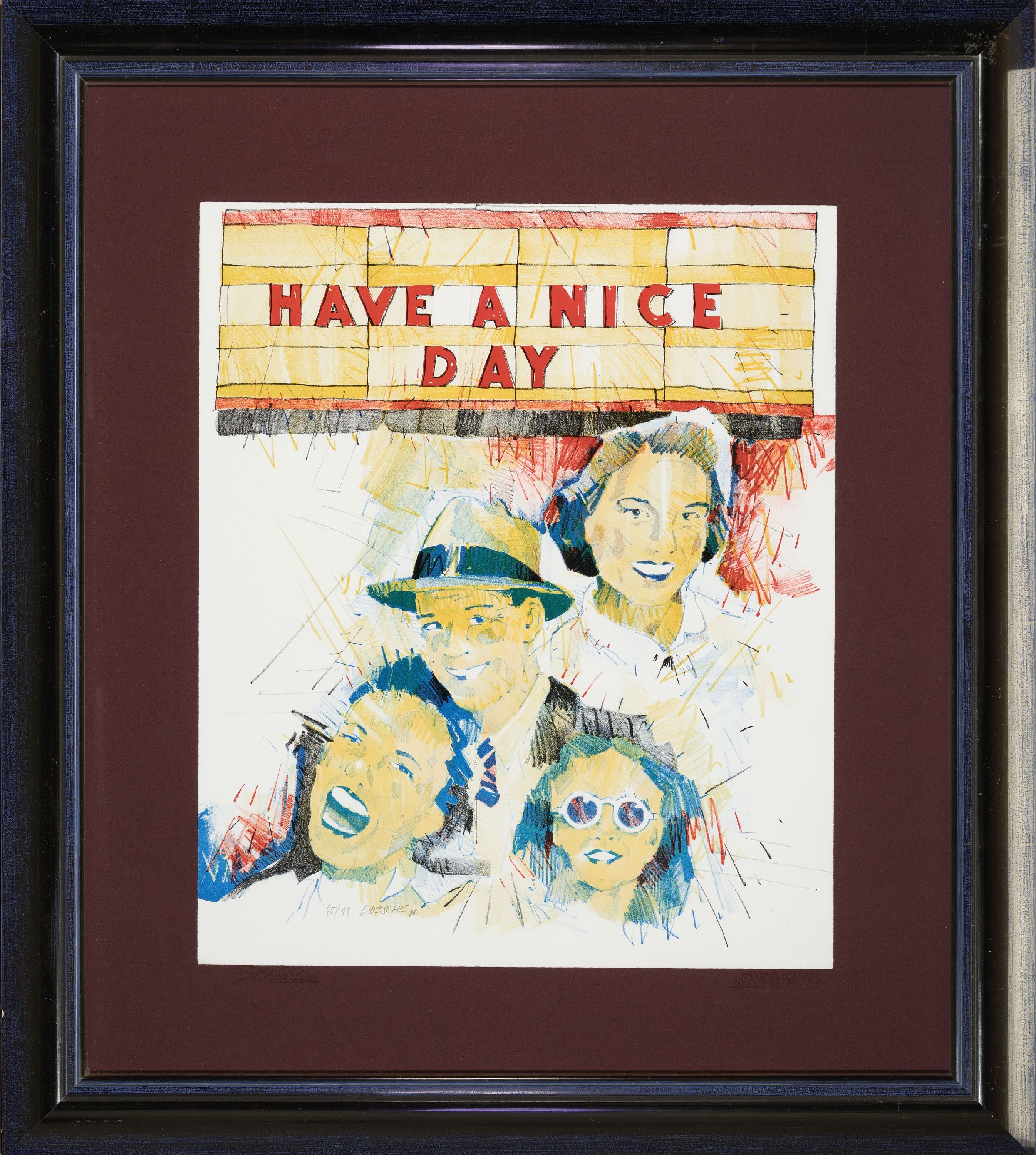 Detail k: Wolfgang Loesche, geb. 1974 Gotha, Farbserigraphie, "Have an nice Day", Ed. 45/99, handsigniert und datiert 1998, hochwertig unter Glas ...