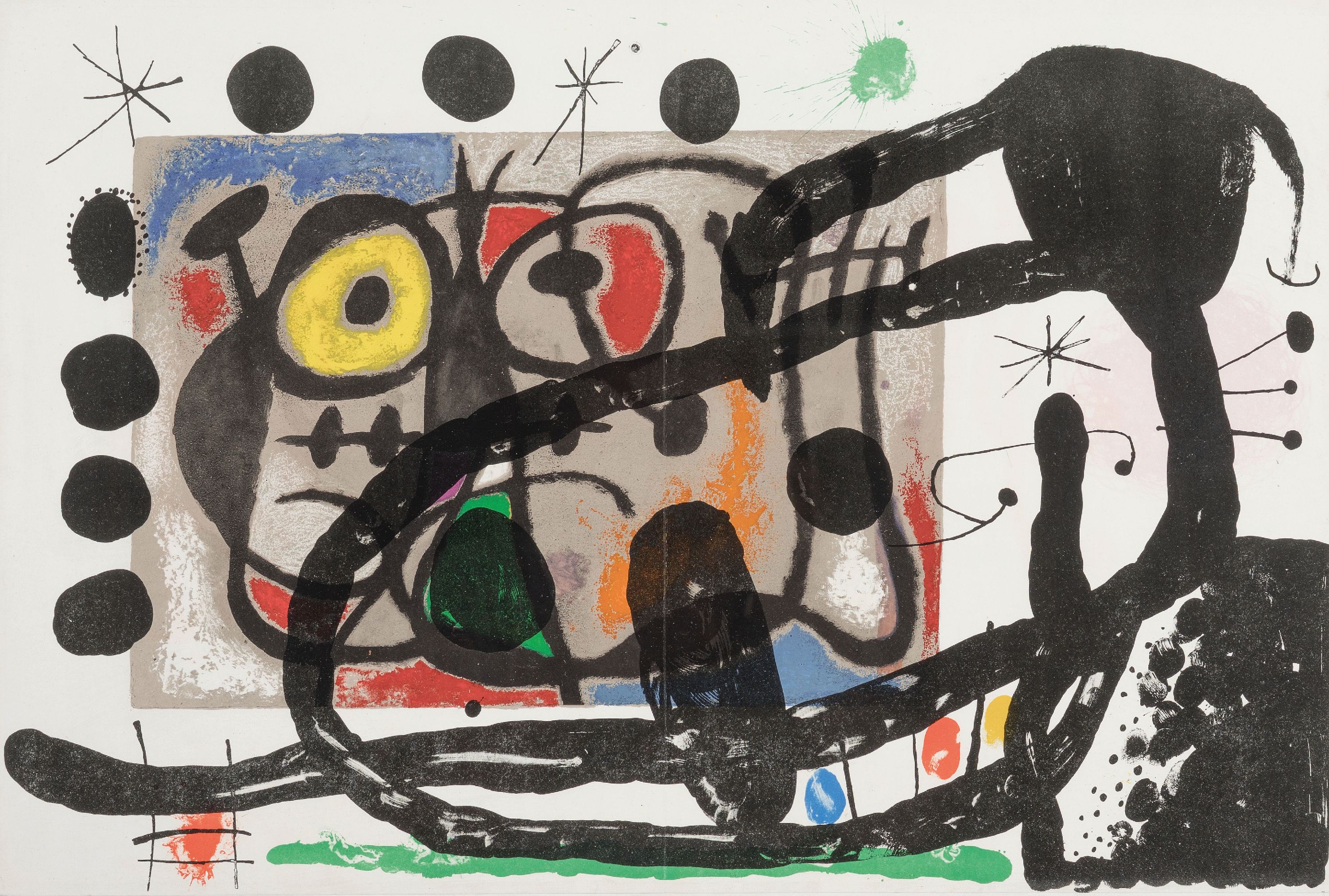 Detail a: Joan Miro, 1893-1983, 2 Farblithographien, 1x Blatt aus Lithographie I, 1972; 1x Blatt aus Derrier le Mirroir 1965, je Mittelfalz, unter Glas gerahmt ...