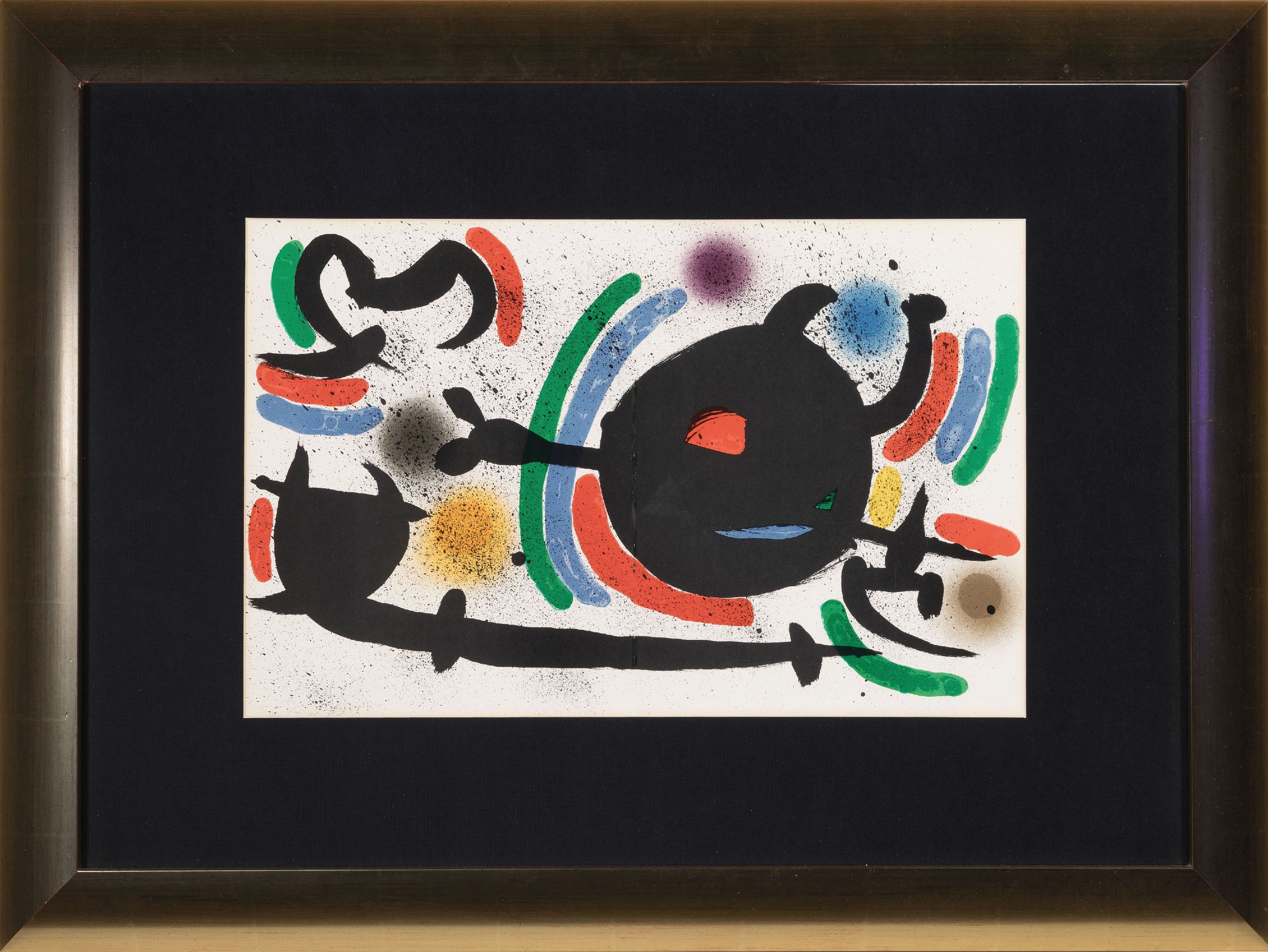 Detail k: Joan Miro, 1893-1983, 2 Farblithographien, 1x Blatt aus Lithographie I, 1972; 1x Blatt aus Derrier le Mirroir 1965, je Mittelfalz, unter Glas gerahmt ...