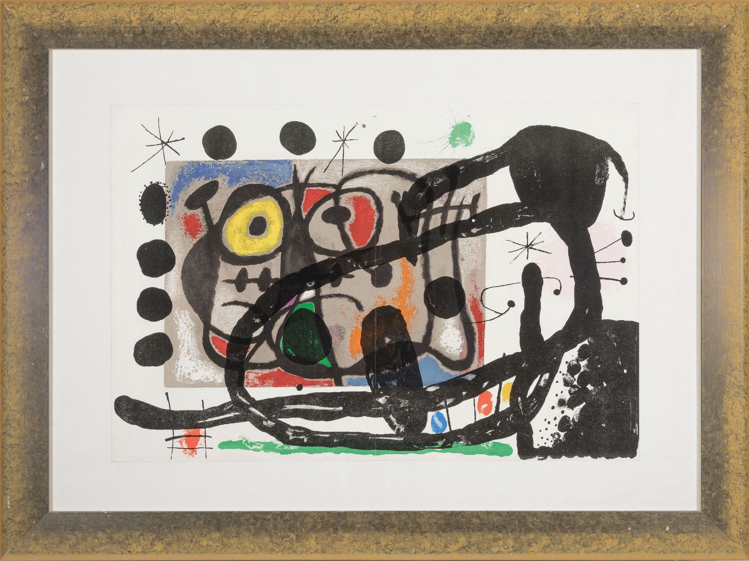 Detail l: Joan Miro, 1893-1983, 2 Farblithographien, 1x Blatt aus Lithographie I, 1972; 1x Blatt aus Derrier le Mirroir 1965, je Mittelfalz, unter Glas gerahmt ...