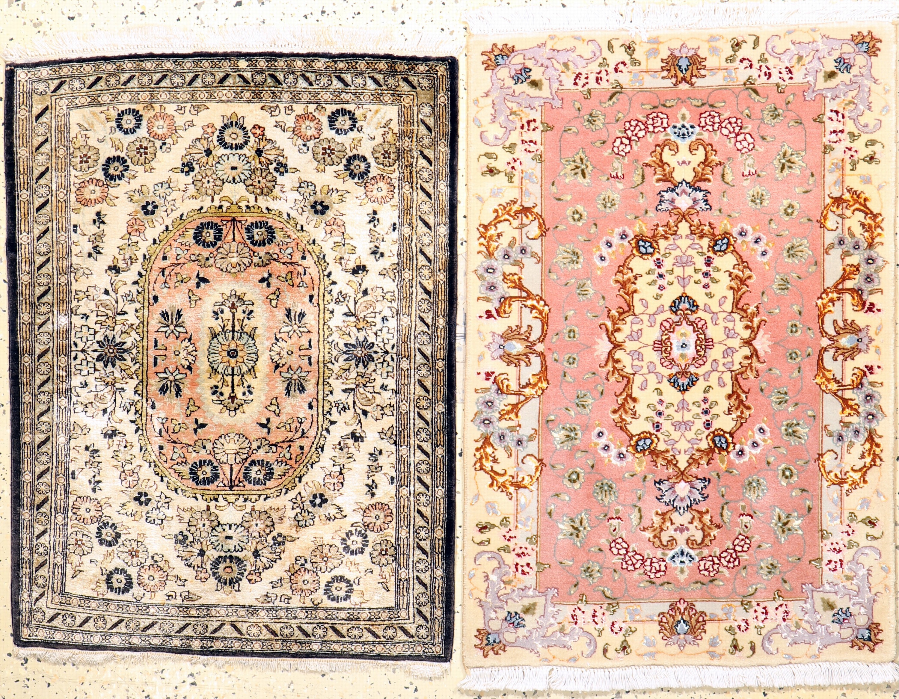 2 lot Poschti, Persien, Mitte 20.Jhd., Täbriz Korkwolle, Ghom Seide, ca. 90 x 60cm, EHZ:2, reinigungsbedürftig