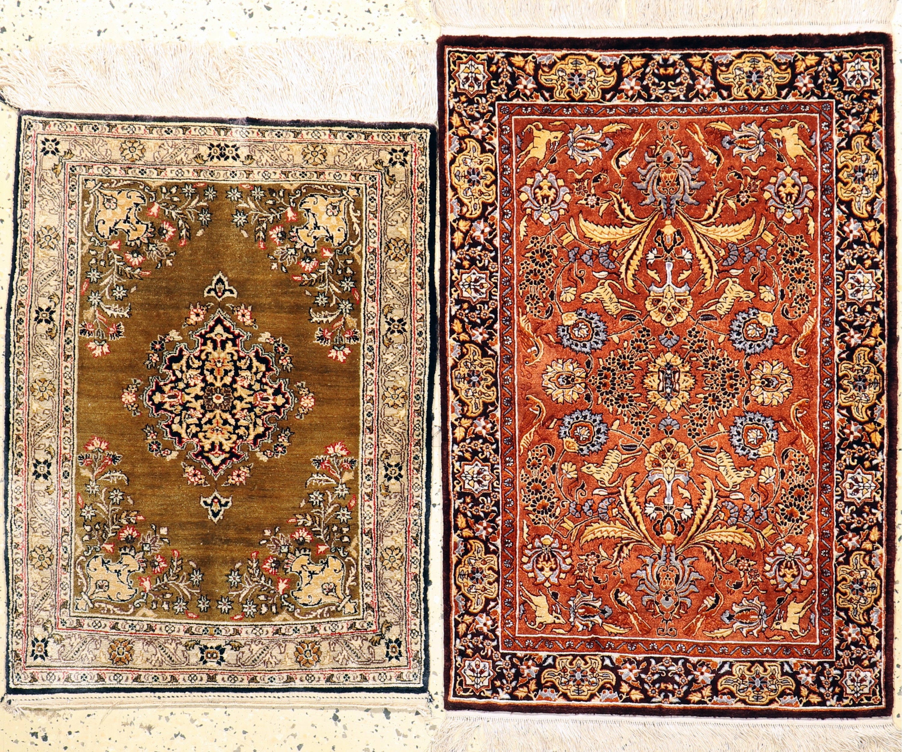 2 lot Poschti Seide, China & Persien, Mite 20.Jhd., reine Naturseide, ca. 90 x 60 cm, EHZ: 2