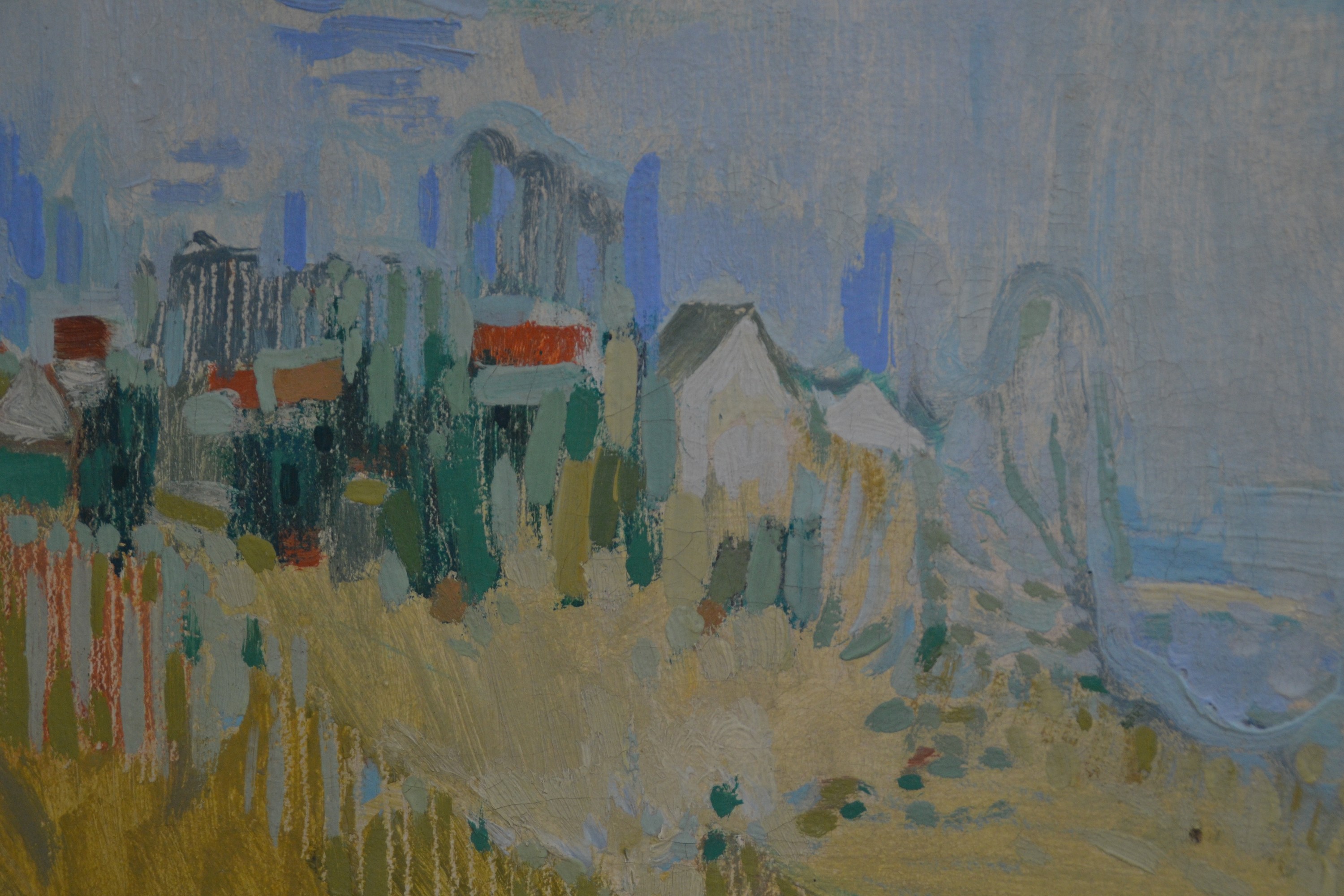 Detail a: Ungedeuteter Post-Impressionist, wohl Roger Bertin (1915-2003), italienische Seenlandschaft, sommerlich flirrende Atmosphäre in divisionistischer ...