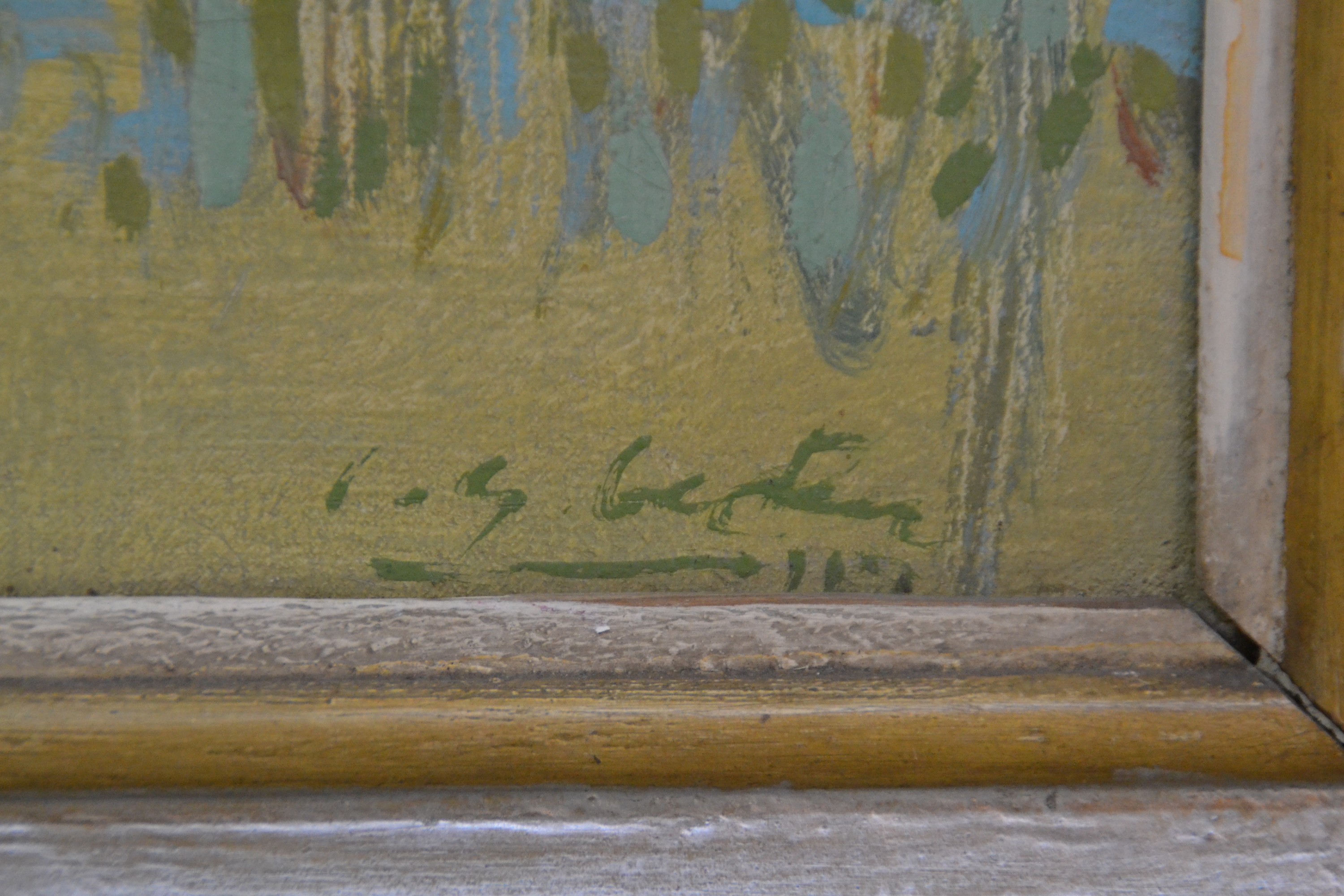 Detail b: Ungedeuteter Post-Impressionist, wohl Roger Bertin (1915-2003), italienische Seenlandschaft, sommerlich flirrende Atmosphäre in divisionistischer ...