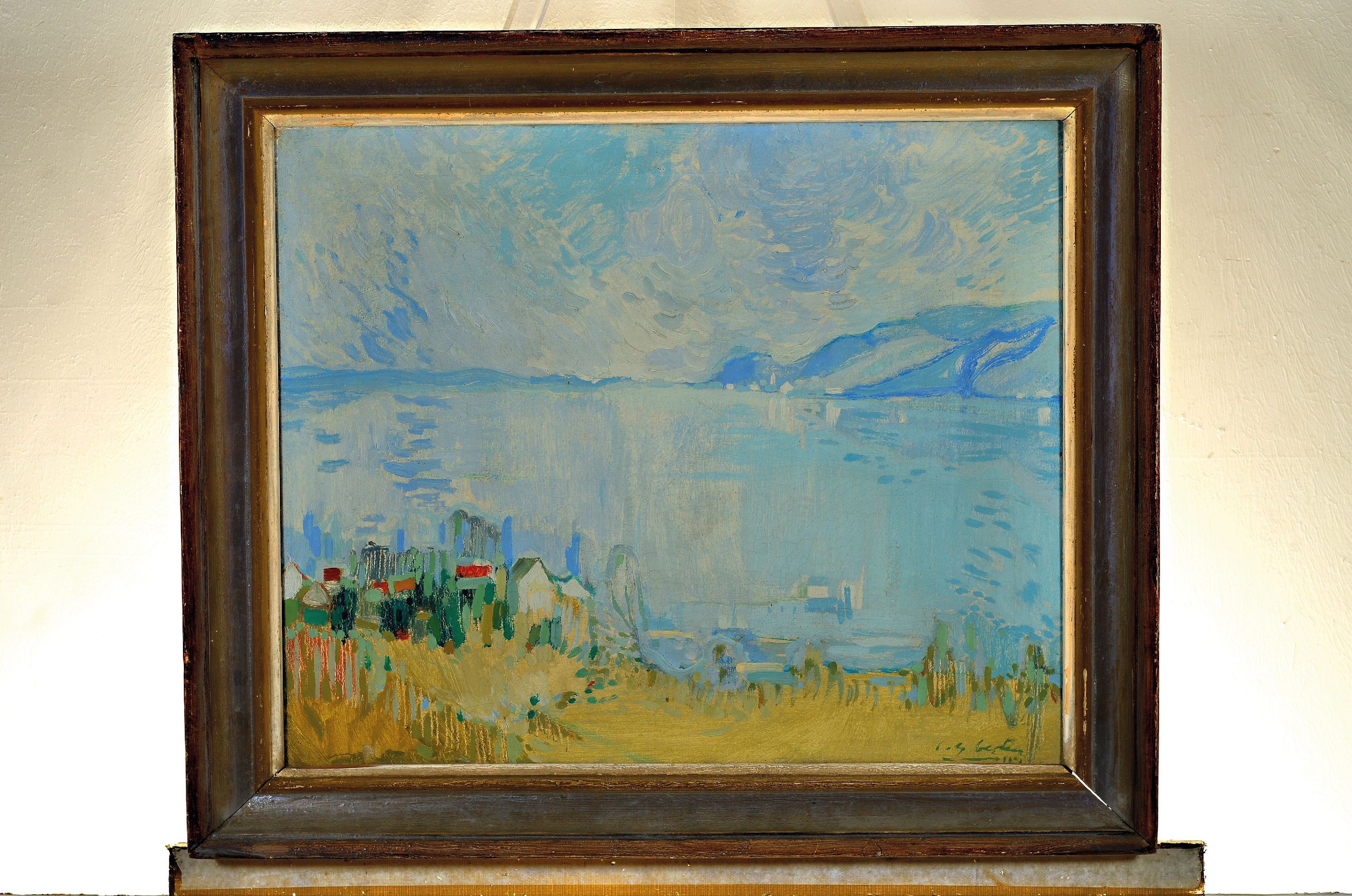Detail k: Ungedeuteter Post-Impressionist, wohl Roger Bertin (1915-2003), italienische Seenlandschaft, sommerlich flirrende Atmosphäre in divisionistischer ...