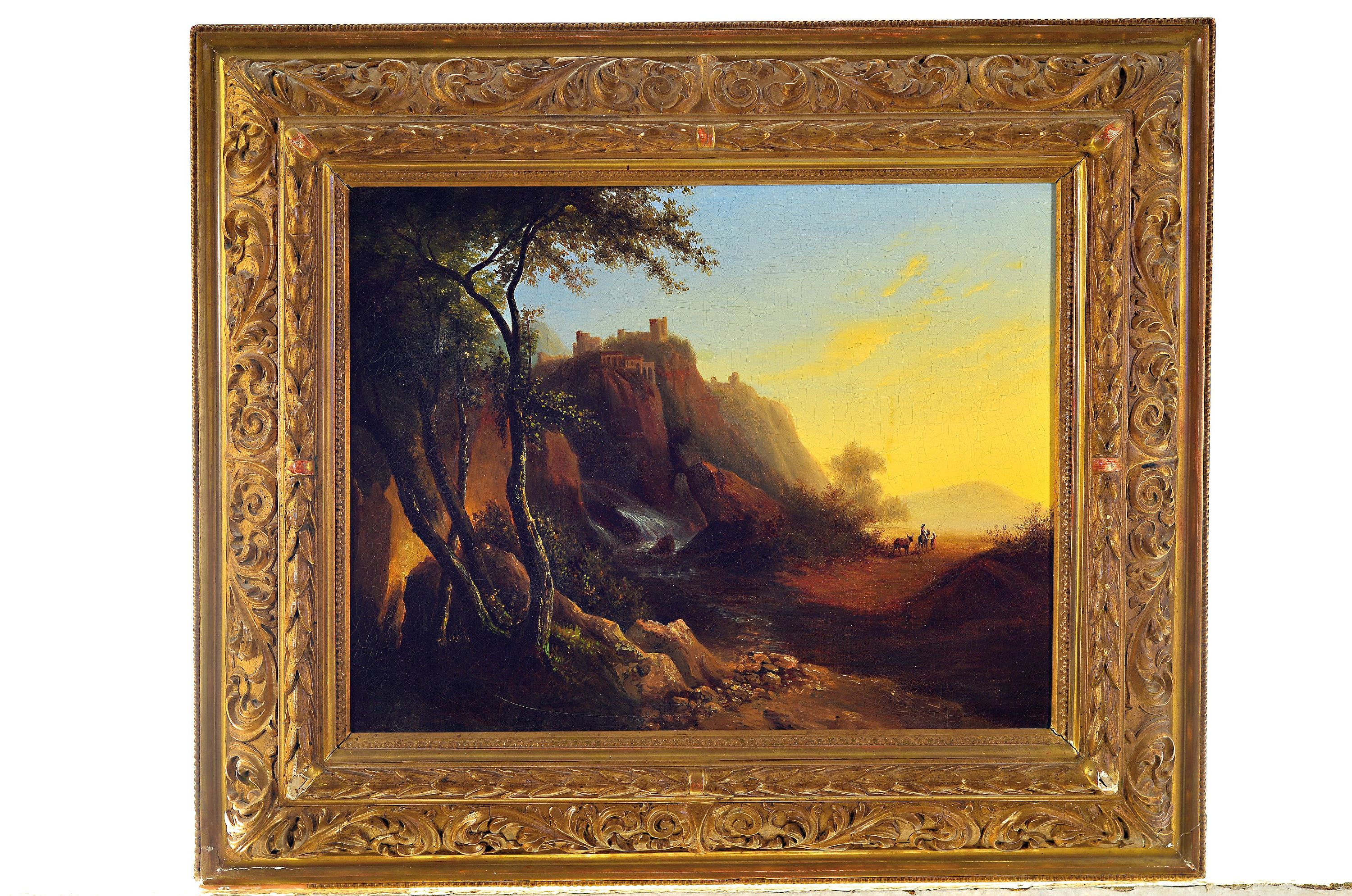 Detail k: Unbekannter Spätromantiker des 19. Jh., Ideale Landschaft mit Ruine im Abendlicht, Öl/Lwd, rest., doubl., ca. 33x42cm, R. ca. 48x57cm