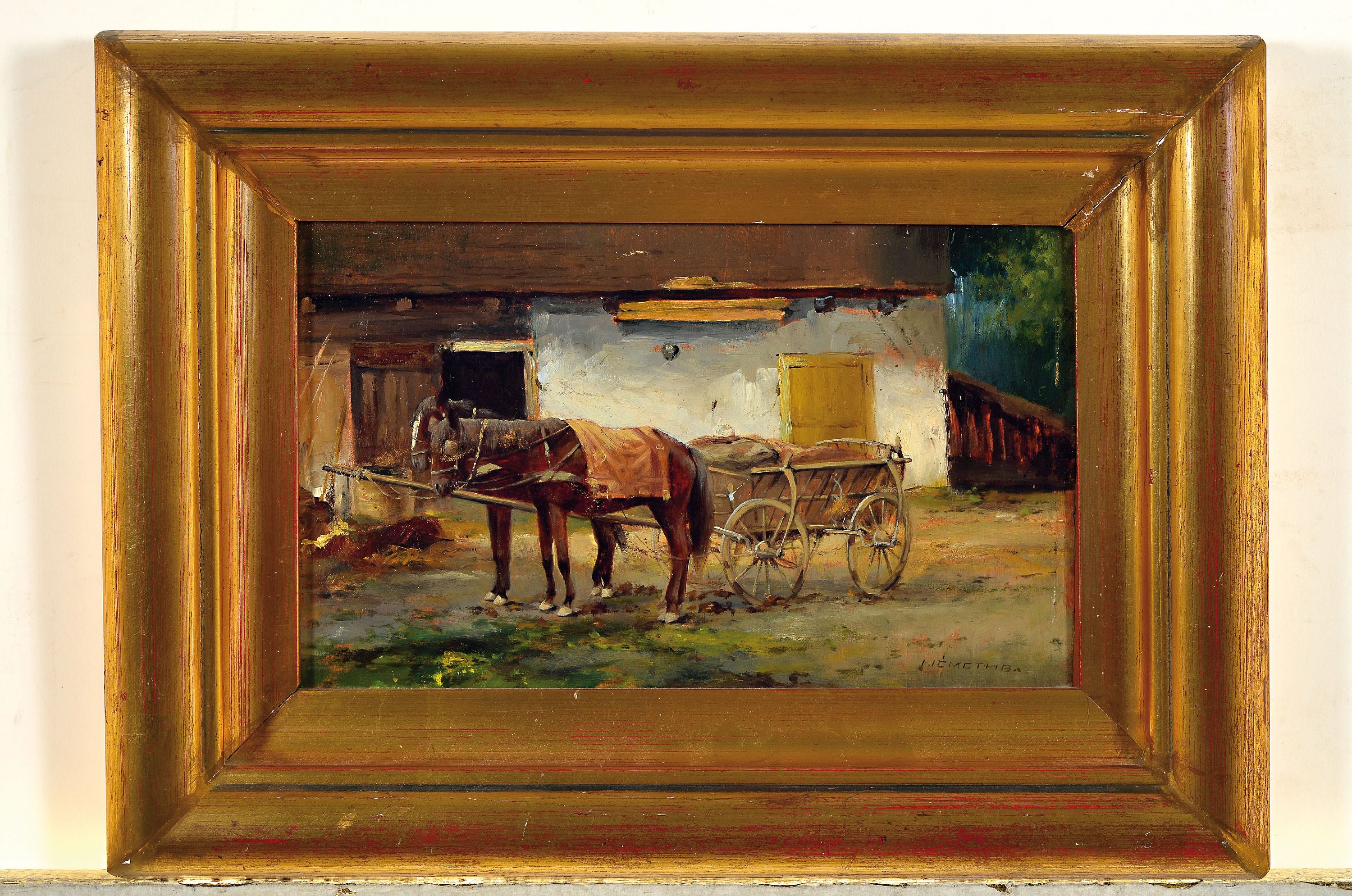 Detail k: Bela Nemeth, geb. 1856 Ungarn, Pferdekarren vor dem Bauernhaus, Öl/Holz, rechts unten sign., ca. 17x28cm, R. ca. 29x40cm