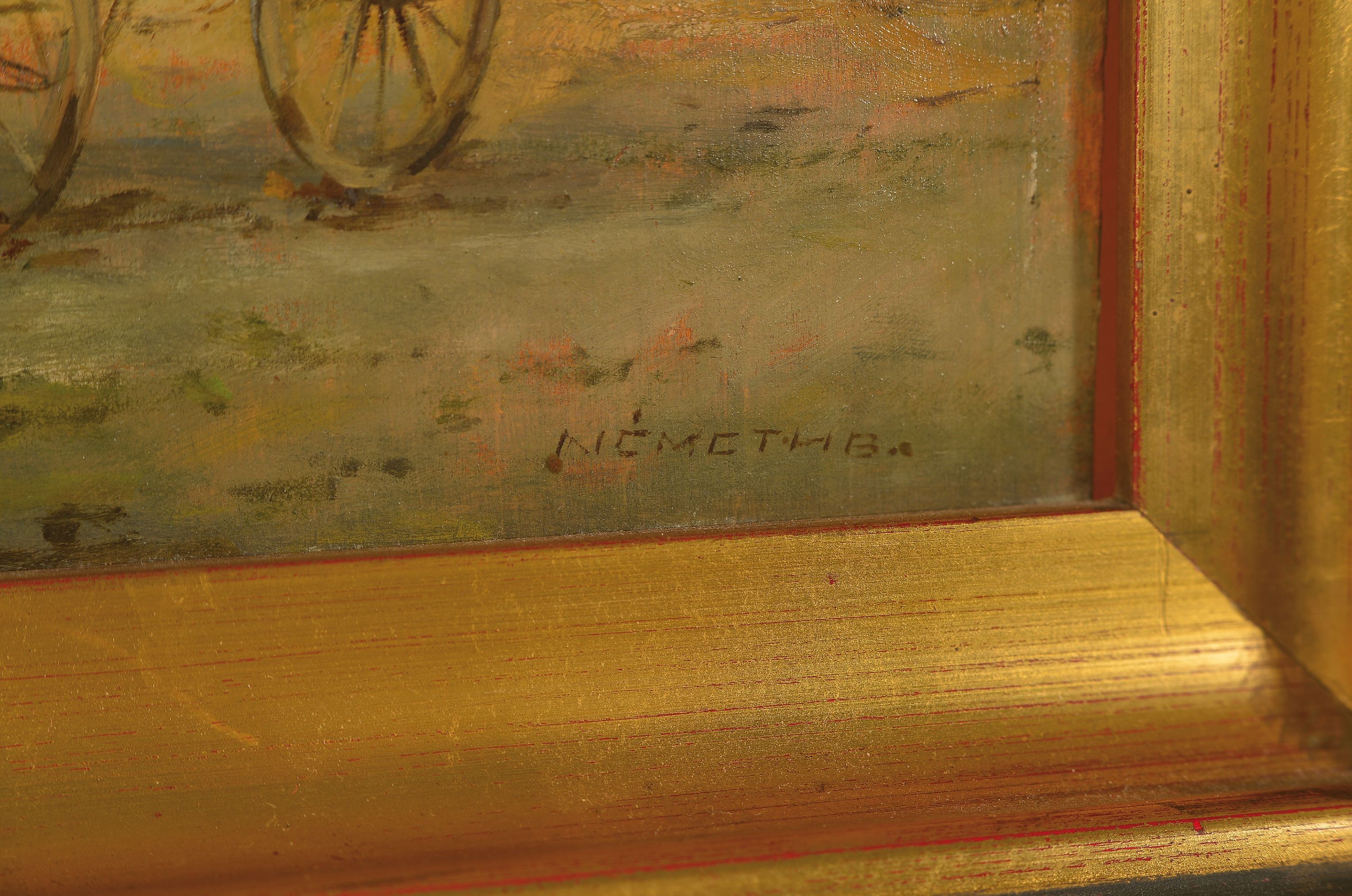 Detail l: Bela Nemeth, geb. 1856 Ungarn, Pferdekarren vor dem Bauernhaus, Öl/Holz, rechts unten sign., ca. 17x28cm, R. ca. 29x40cm