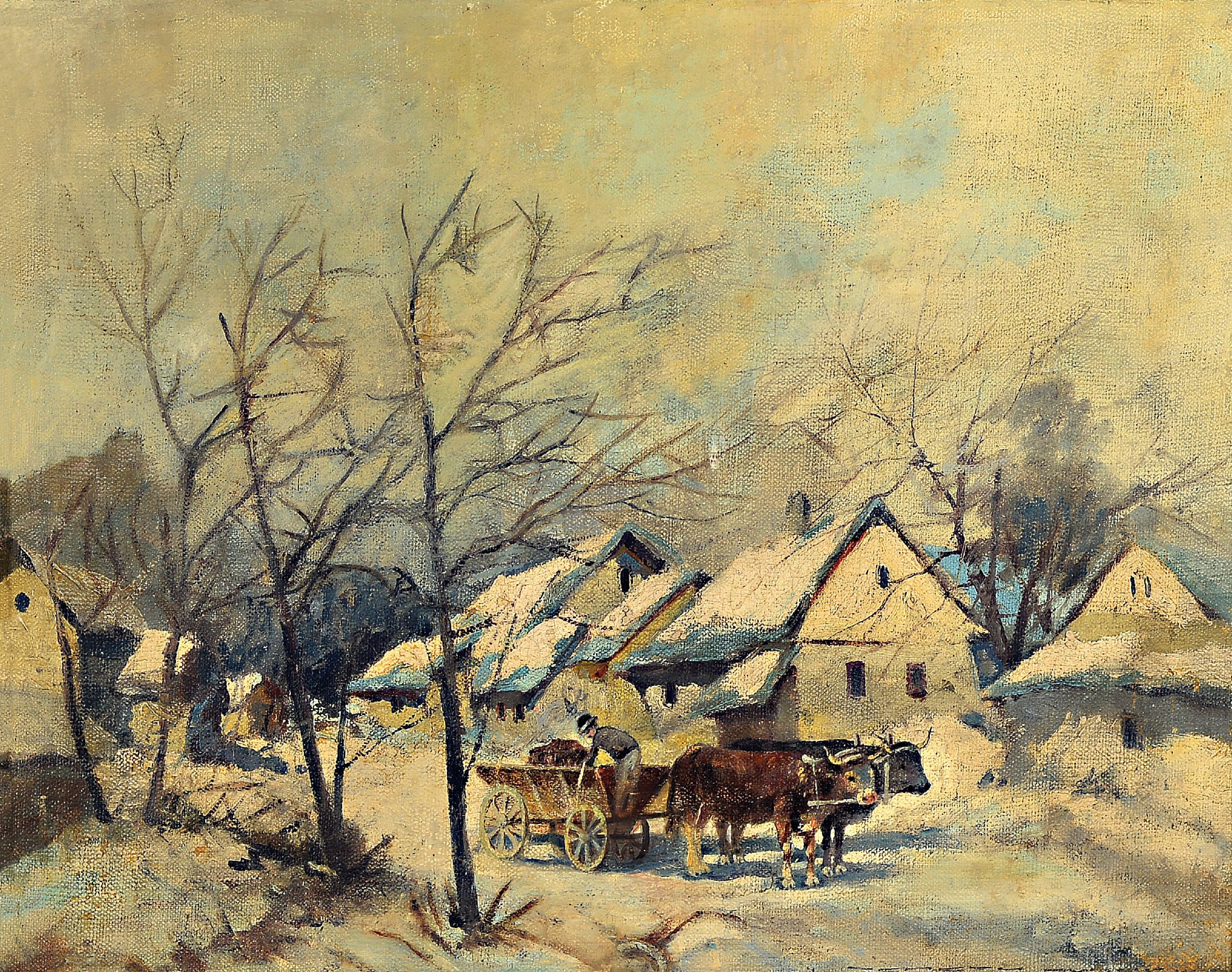 Gyorgy Nemeth, 1890-1962, Verschneite Winterlandschaft mit Bauernhäusern und Ochsenkarren, Öl/Lwd, rechts unten sign., ca. 40x50cm, R. ca. 58x68cm