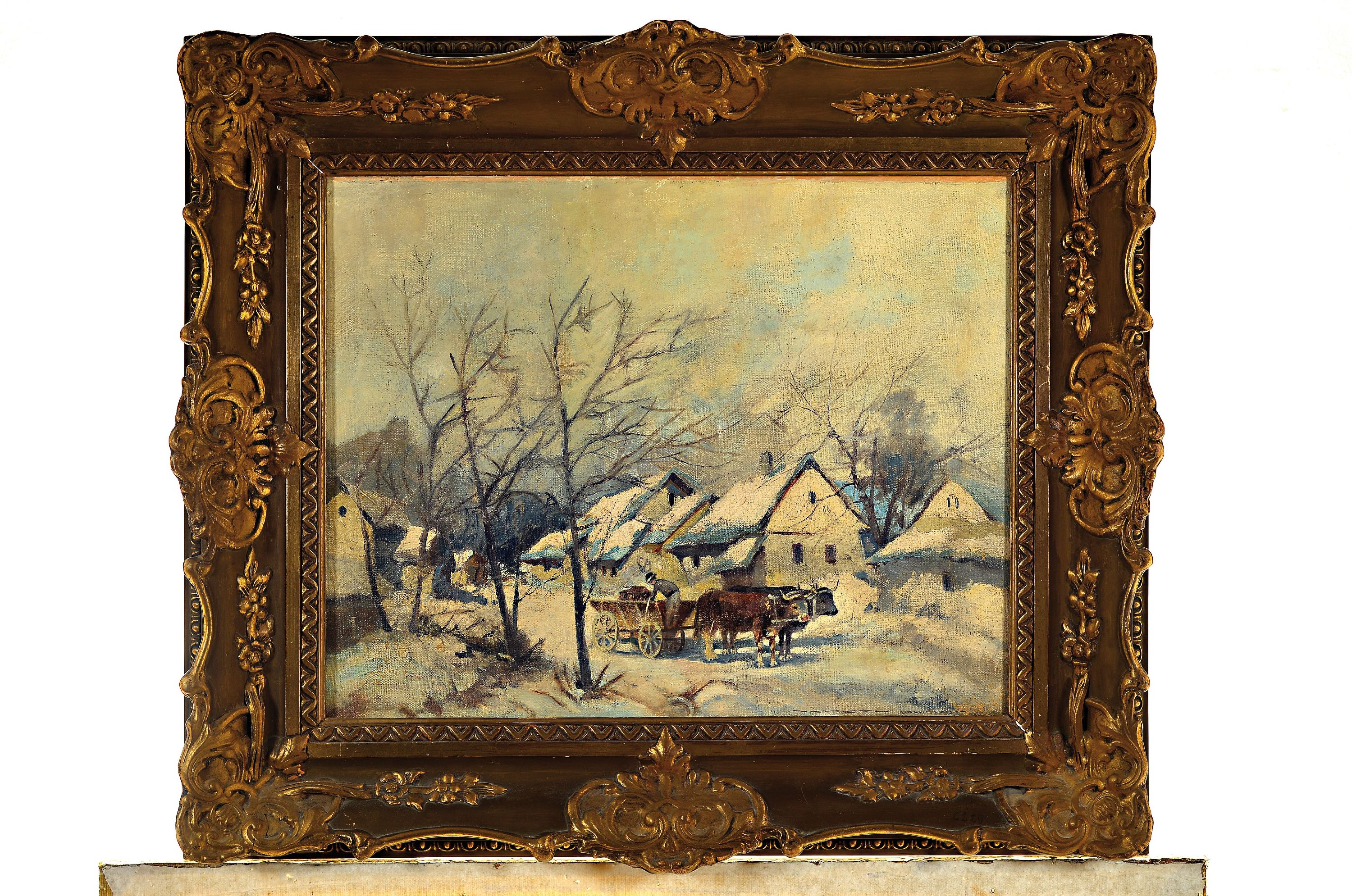 Detail k: Gyorgy Nemeth, 1890-1962, Verschneite Winterlandschaft mit Bauernhäusern und Ochsenkarren, Öl/Lwd, rechts unten sign., ca. 40x50cm, R. ca. 58x68cm