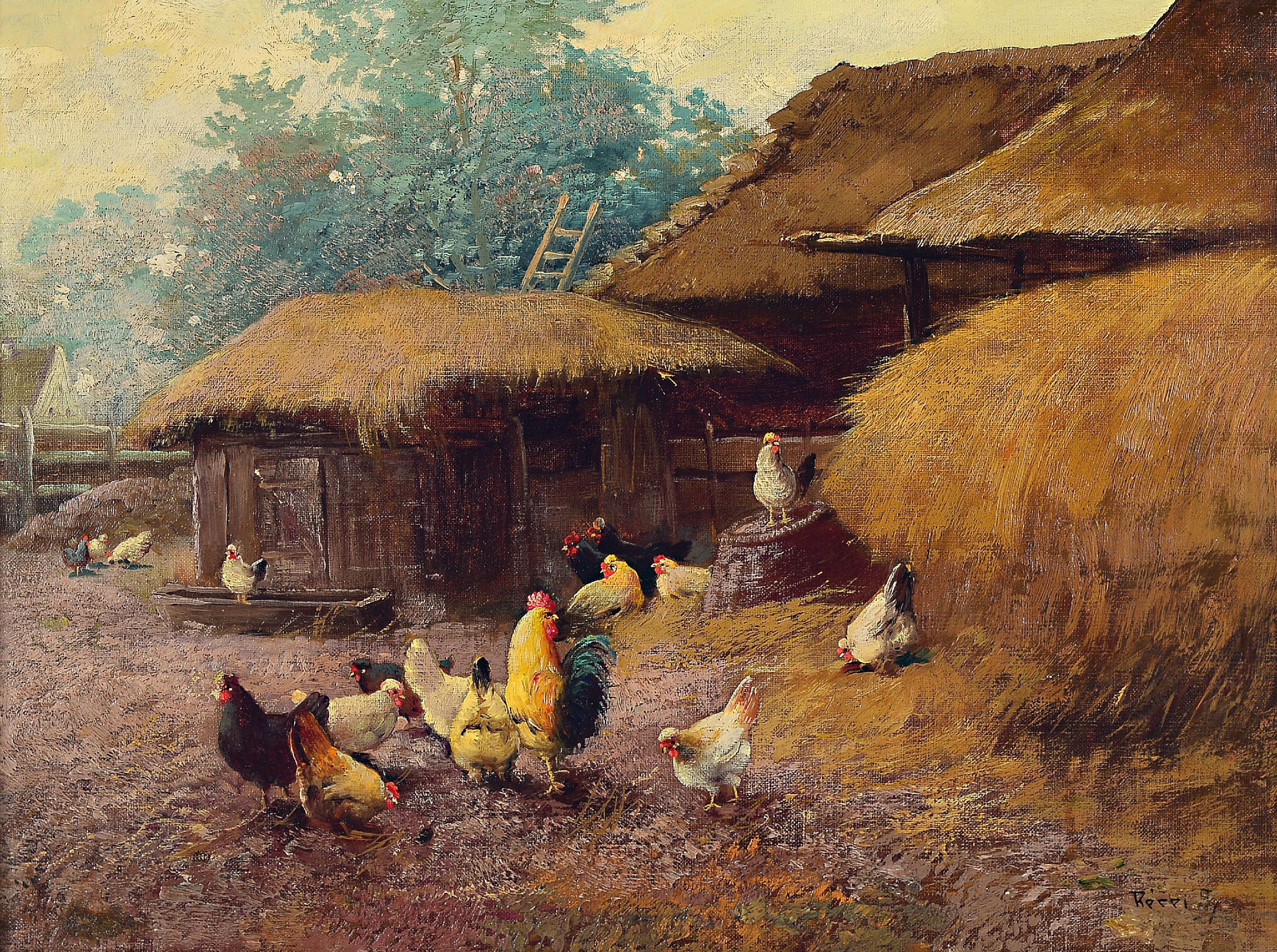 Unbekannter ungarischer Künstler des 20. Jh., Hühner und Hahn auf dem Bauernhof, Öl/Lwd, rechts unten unleserlich sign., ca. 45x60cm, R. ca. ...