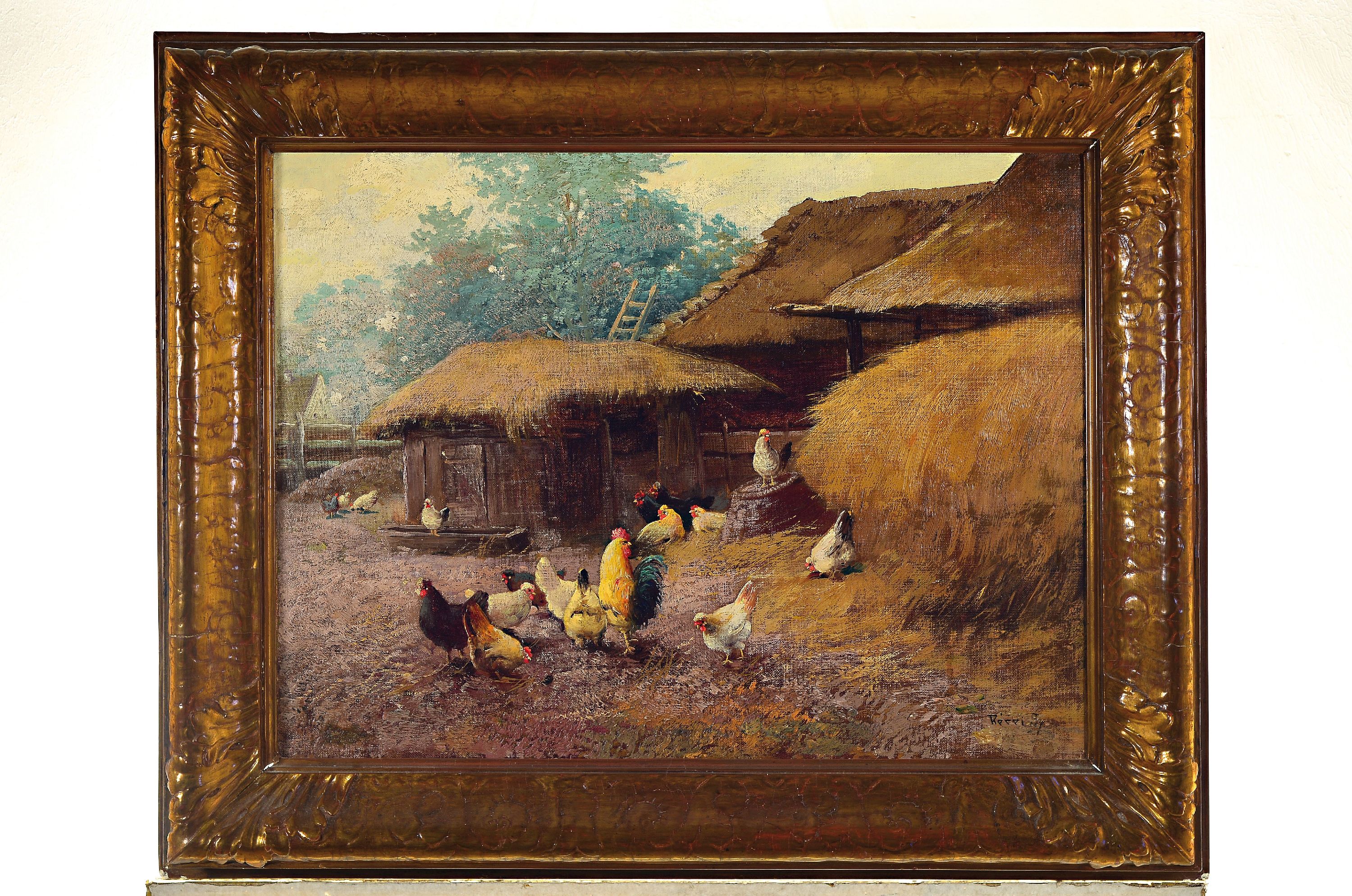 Detail k: Unbekannter ungarischer Künstler des 20. Jh., Hühner und Hahn auf dem Bauernhof, Öl/Lwd, rechts unten unleserlich sign., ca. 45x60cm, R. ca. ...
