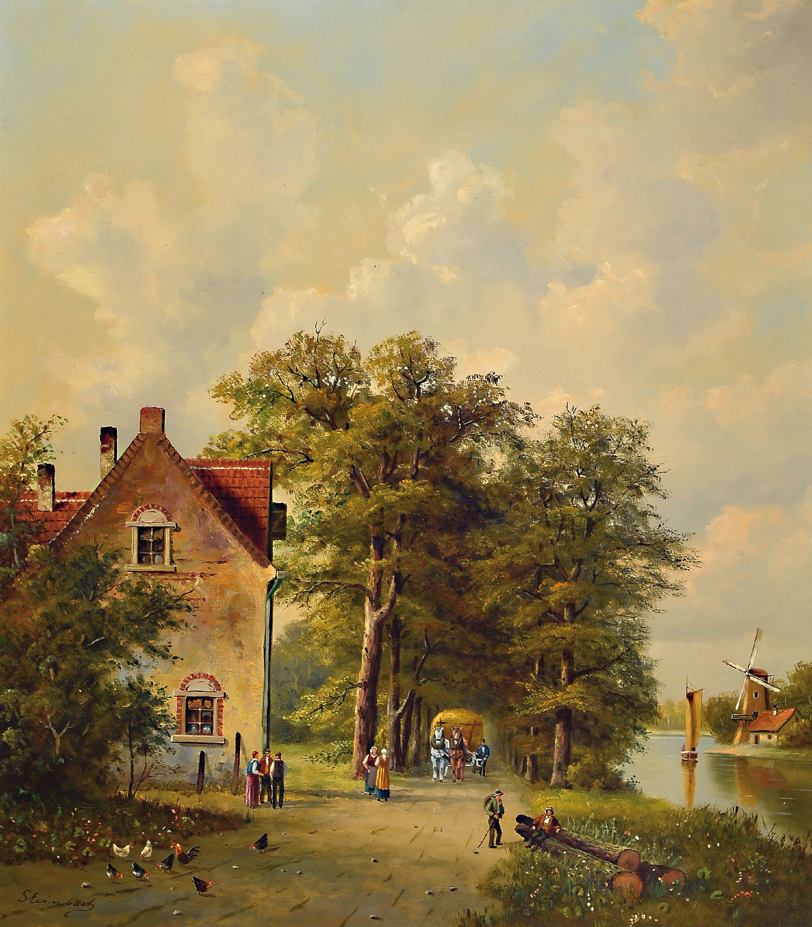 Steinbach, zeitgenössischer Traditionalist, im Stil des 19. Jh., niederländische Landschaft mit Windmühle, Kanal und Personen, Öl/Lwd, links ...