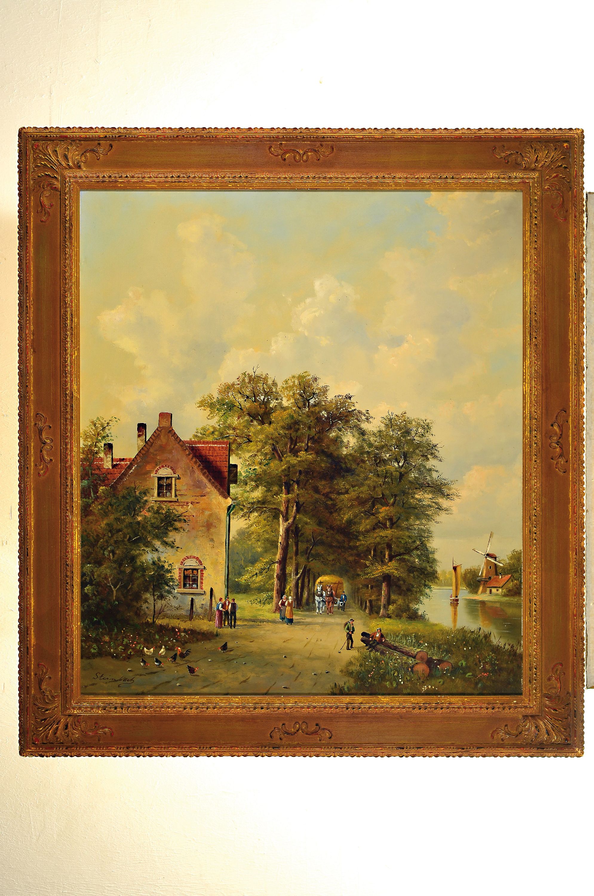Detail k: Steinbach, zeitgenössischer Traditionalist, im Stil des 19. Jh., niederländische Landschaft mit Windmühle, Kanal und Personen, Öl/Lwd, links ...