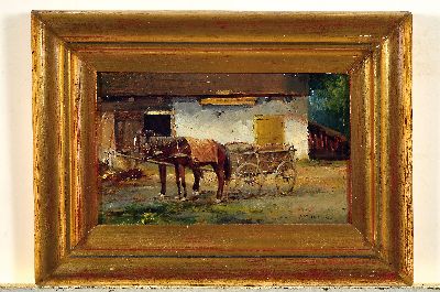 26924230k - Bela Nemeth, geb. 1856 Ungarn, Pferdekarren vor dem Bauernhaus, Öl/Holz, rechts ...
