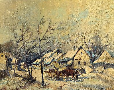 Image Gyorgy Nemeth, 1890-1962, Verschneite Winterlandschaft mit Bauernhäusern und ...