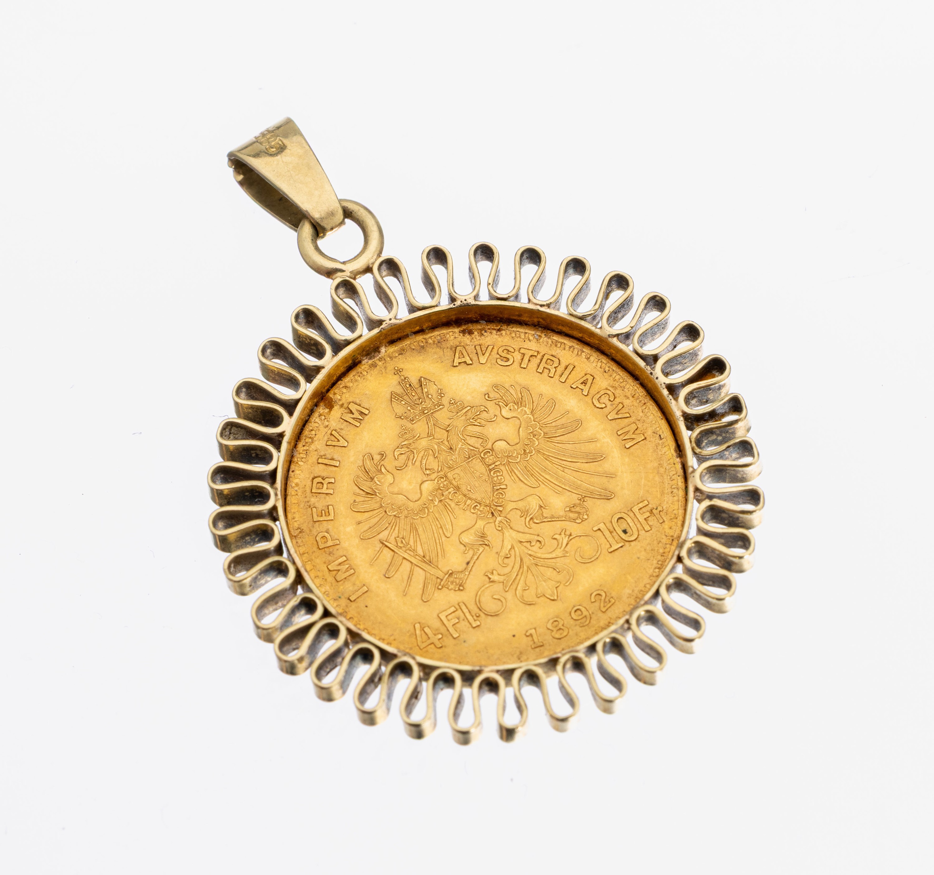 14 kt Gold Münz-Anhänger, GG 585/000, gefasste Goldmünze 4 Florin, Österreich- Ungarn, 1892, Franz Joseph I., Fassung geschwungen, ca. 6.3 g