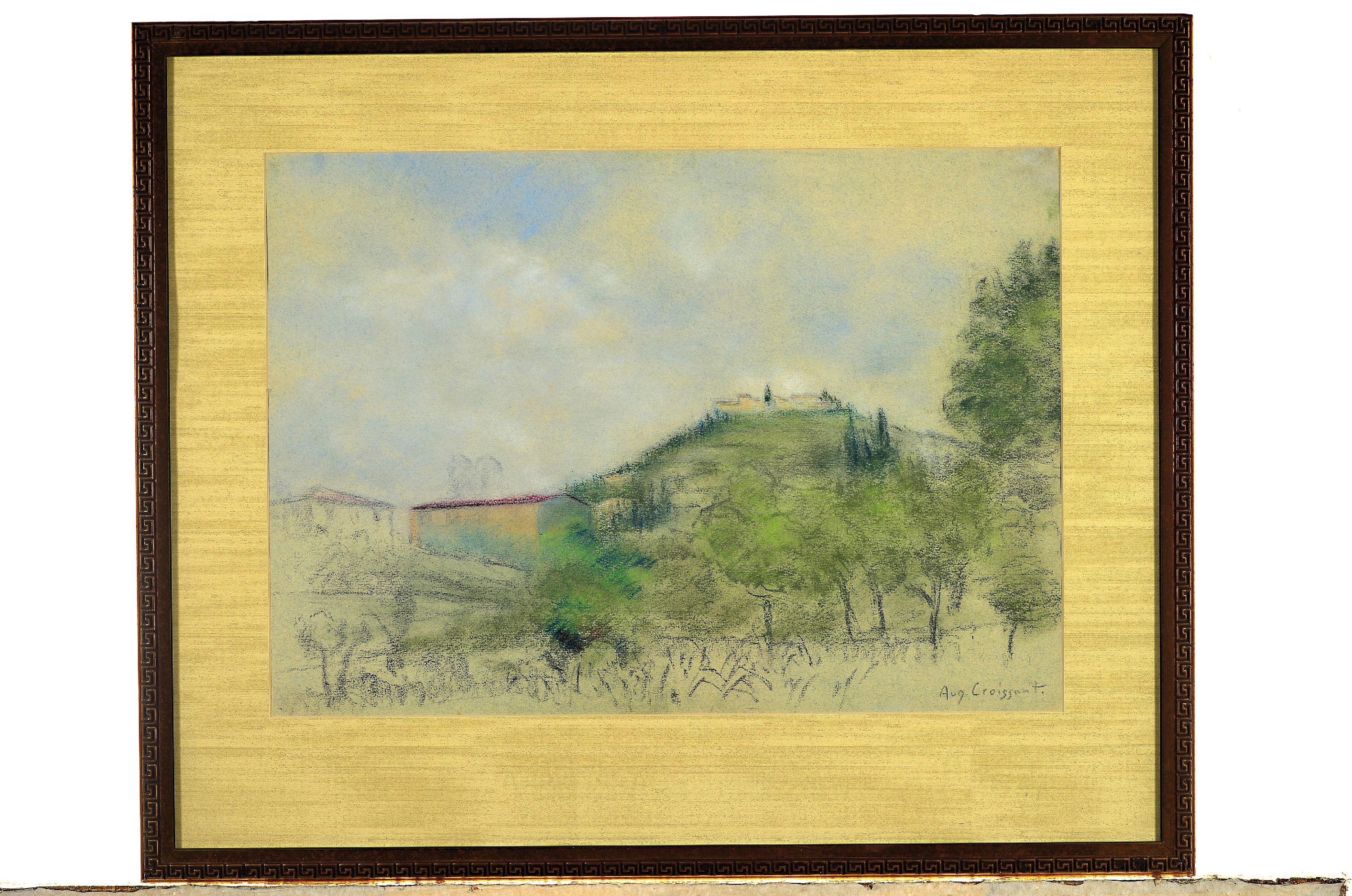 Detail k: August Croissant, 1870 Edenkoben - 1941 Landau, Sommerlandschaft in der Pfalz, Pastell/Papier, Skizze, re. u. signiert, PP.- Ausschnitt ca. 32 x 45 ...