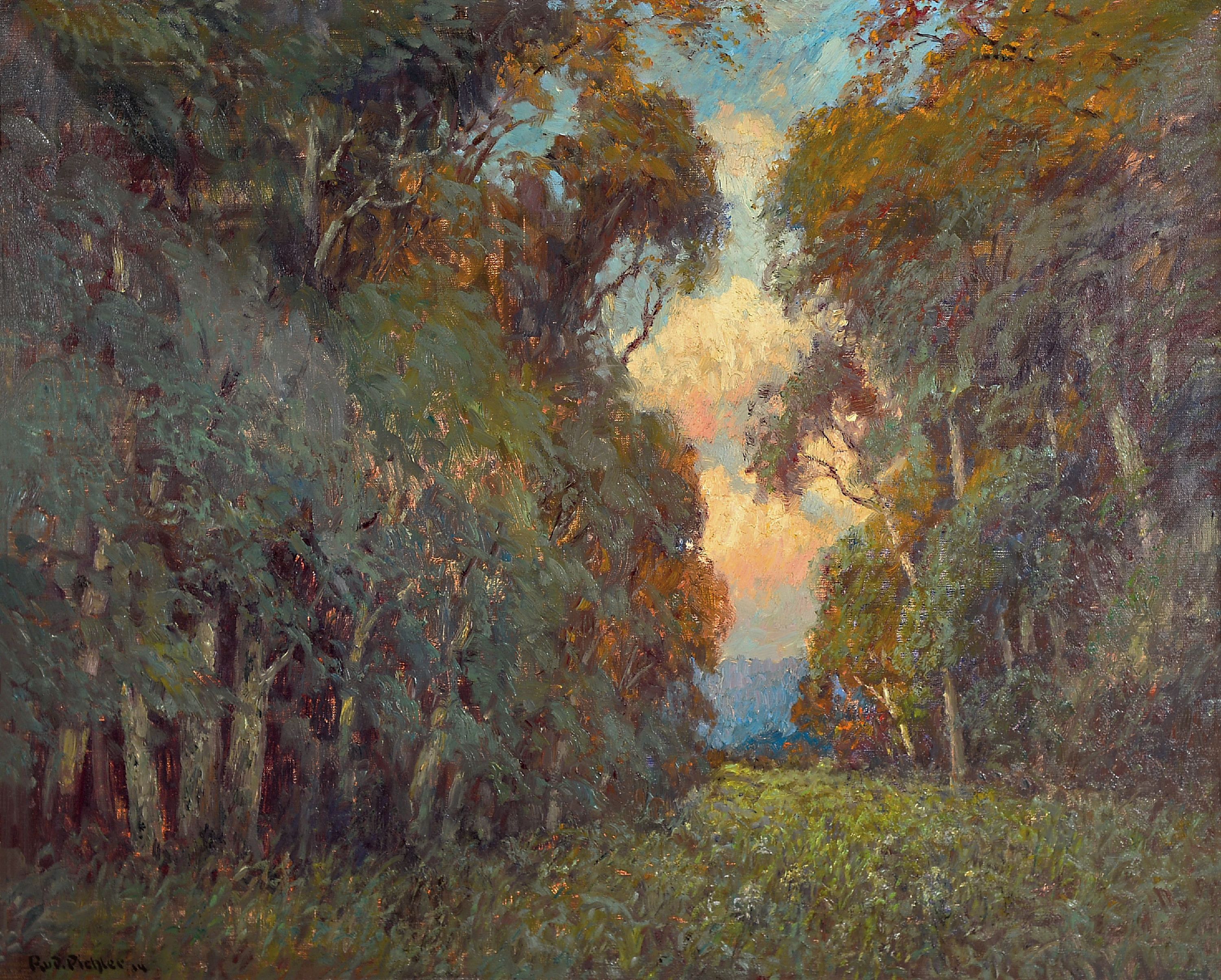 Rudolf Pichler, 1863-1931, impressionistisches Waldinterieur, zentraler Blick auf einen abendlich gefärbten Himmel, Öl/Lwd, links unten signiert ...