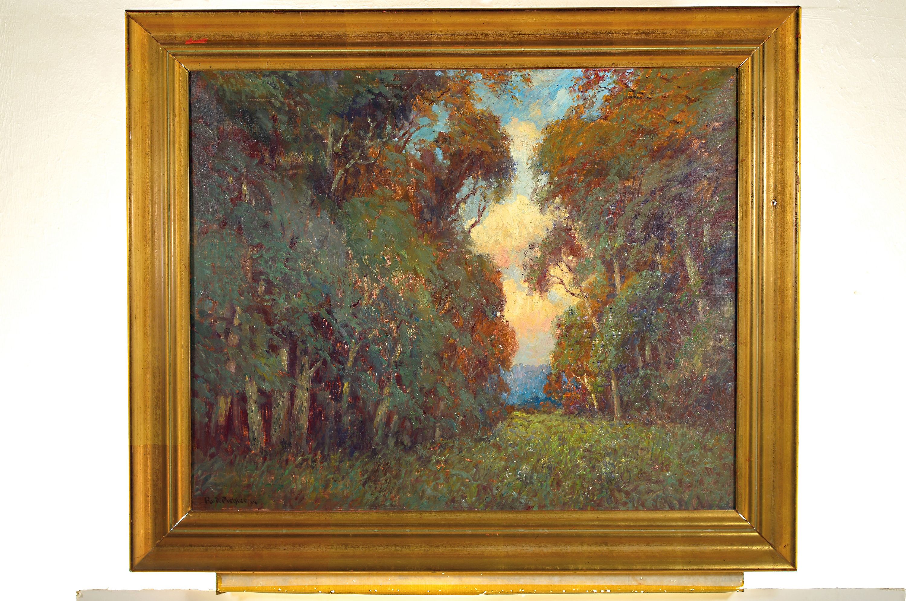 Detail k: Rudolf Pichler, 1863-1931, impressionistisches Waldinterieur, zentraler Blick auf einen abendlich gefärbten Himmel, Öl/Lwd, links unten signiert ...