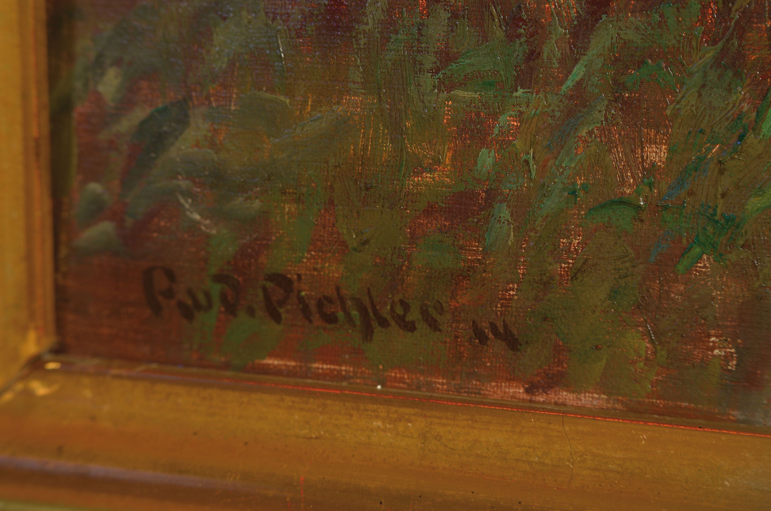 Detail l: Rudolf Pichler, 1863-1931, impressionistisches Waldinterieur, zentraler Blick auf einen abendlich gefärbten Himmel, Öl/Lwd, links unten signiert ...
