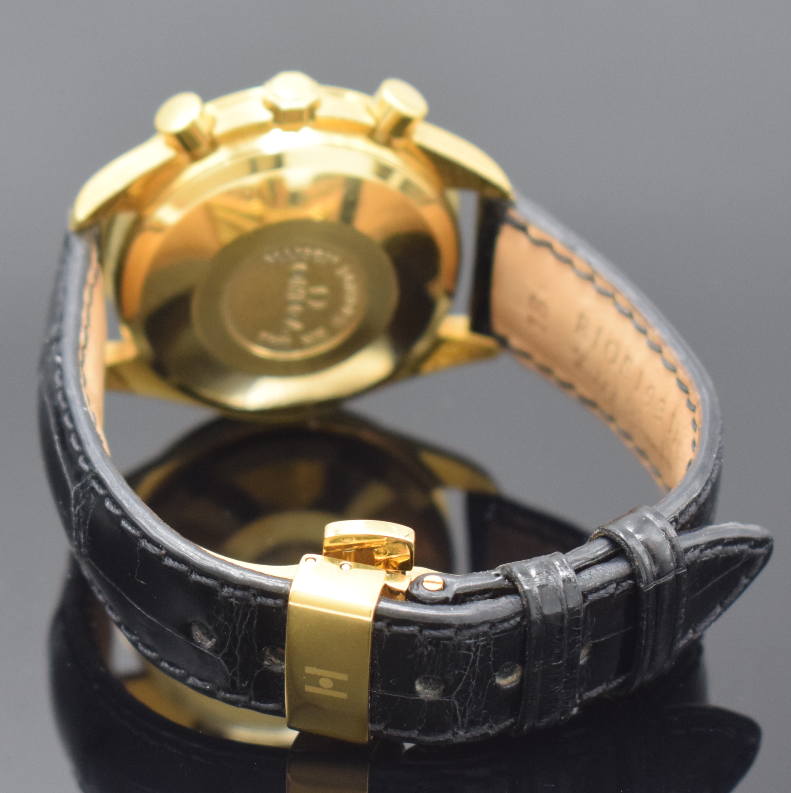 Detail b: OMEGA astronomische Herrenarmbanduhr Golden Gate Chronograph mit Vollkalenderanzeige in GG 750/000 Referenz 175.0034, Automatik, Schweiz um 1990, ...
