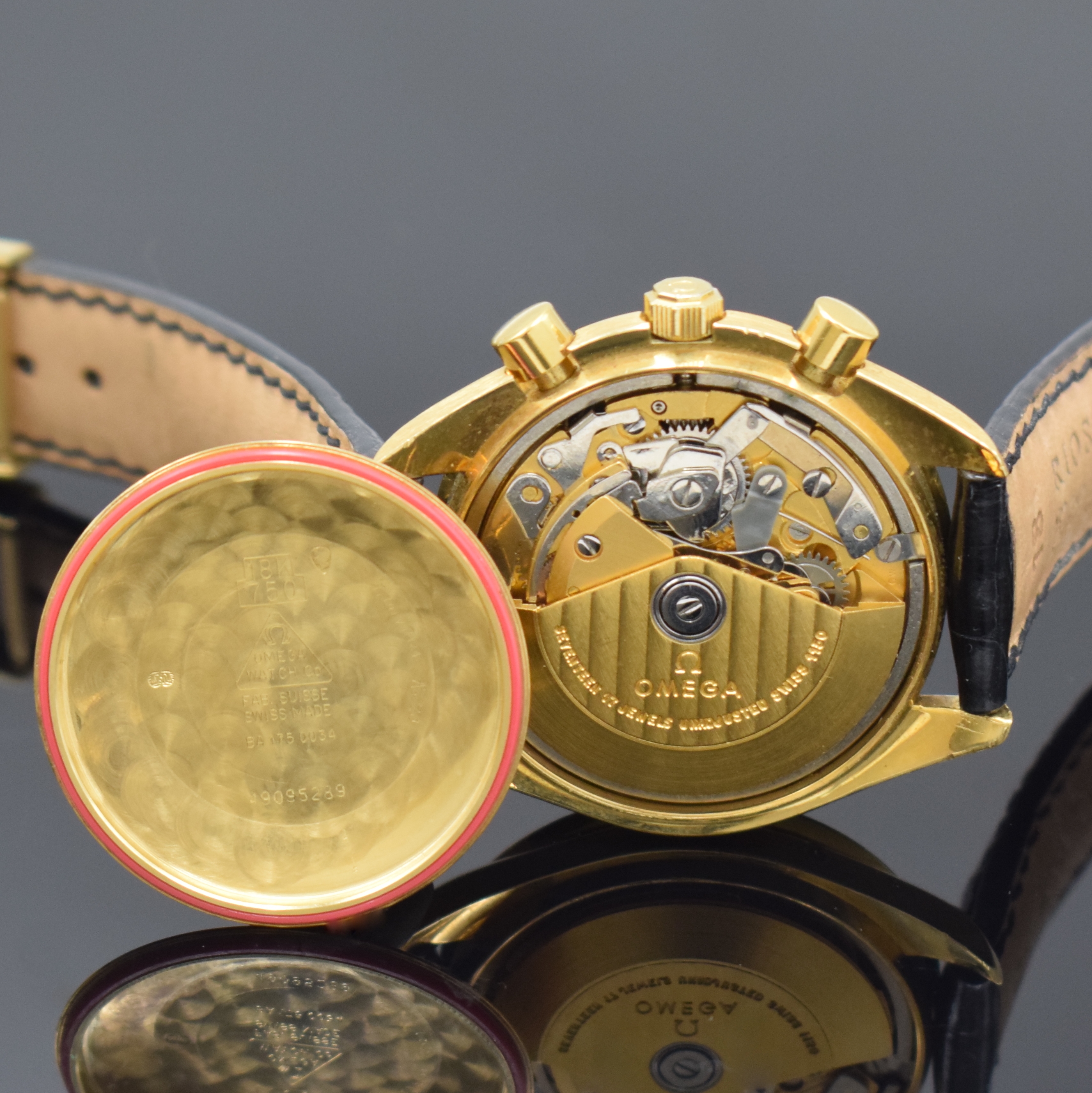 Detail e: OMEGA astronomische Herrenarmbanduhr Golden Gate Chronograph mit Vollkalenderanzeige in GG 750/000 Referenz 175.0034, Automatik, Schweiz um 1990, ...
