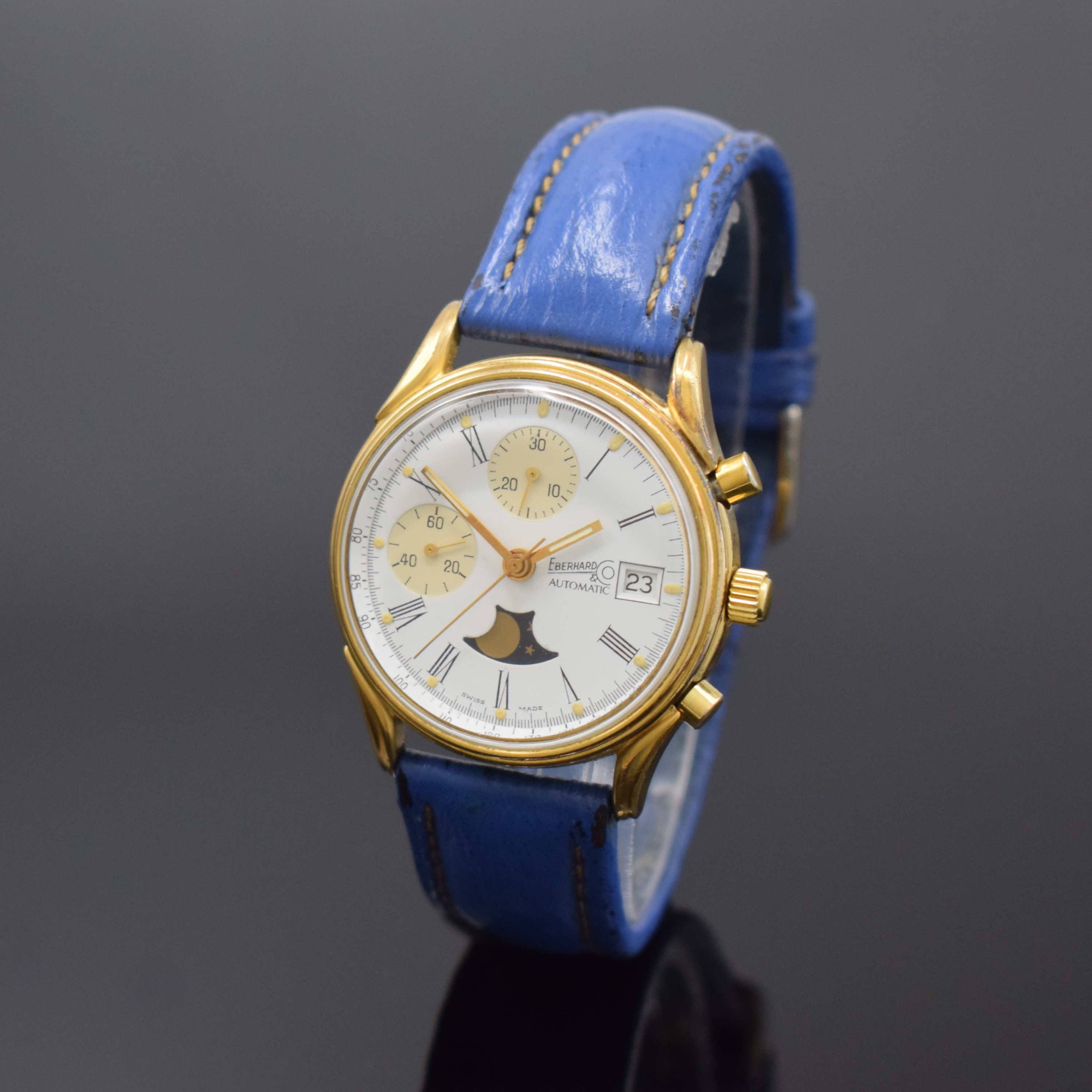 EBERHARD & CO auf 499 Stück limitierter Armbandchronograph, Schweiz um 1987, Automatik, verg. Geh. m. verschr. Stahlboden (m. Monogramm), weißes ...