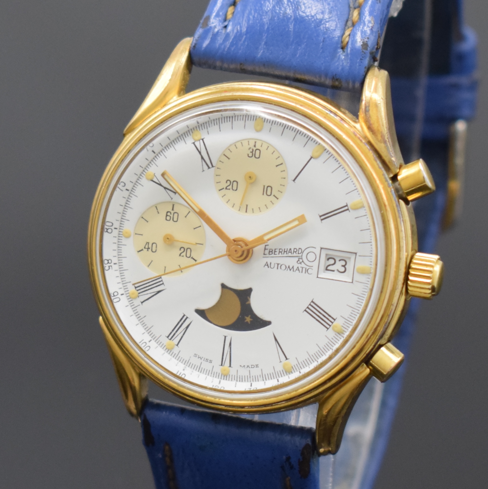 Detail a: EBERHARD & CO auf 499 Stück limitierter Armbandchronograph, Schweiz um 1987, Automatik, verg. Geh. m. verschr. Stahlboden (m. Monogramm), weißes ...