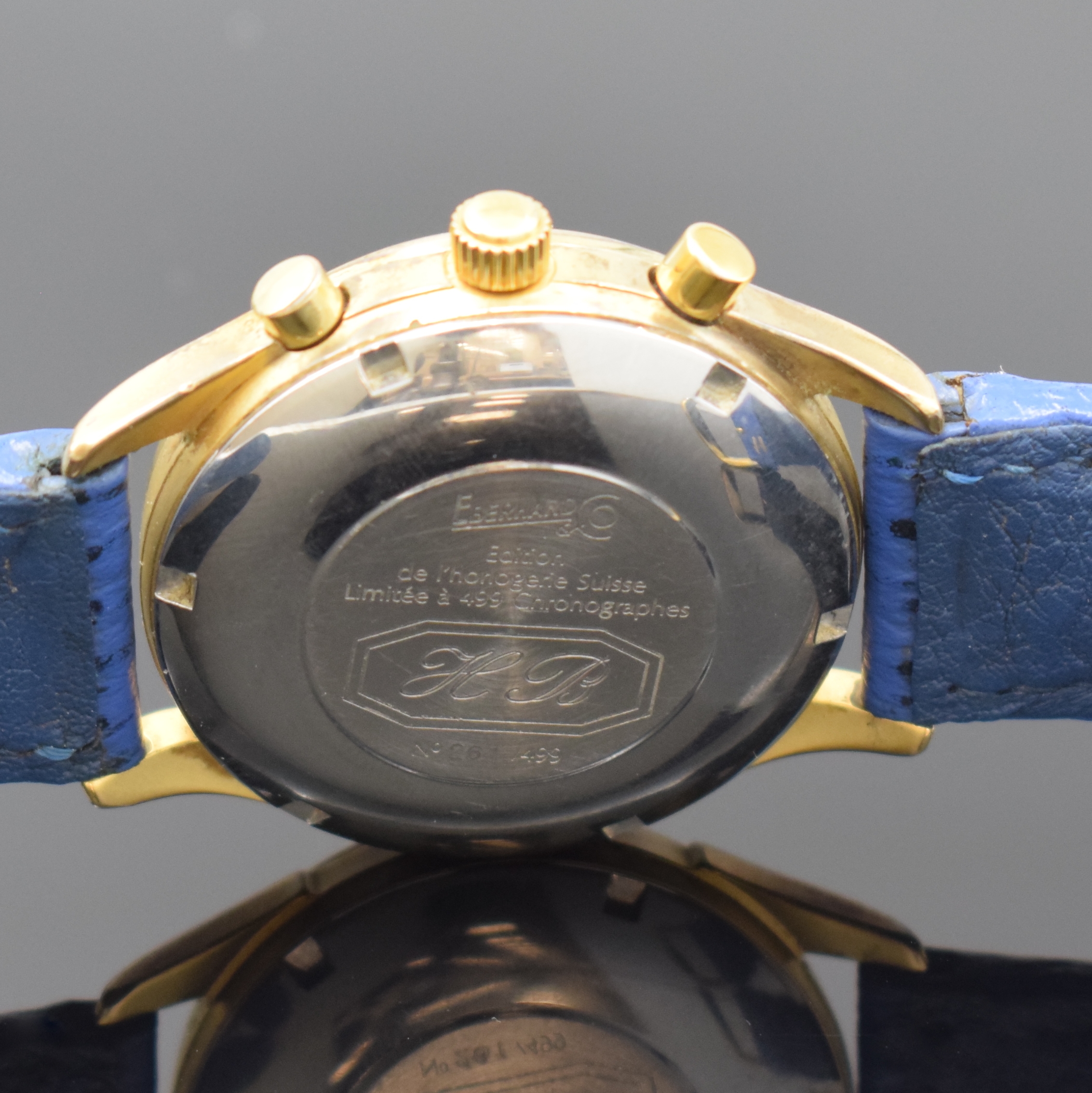 Detail c: EBERHARD & CO auf 499 Stück limitierter Armbandchronograph, Schweiz um 1987, Automatik, verg. Geh. m. verschr. Stahlboden (m. Monogramm), weißes ...