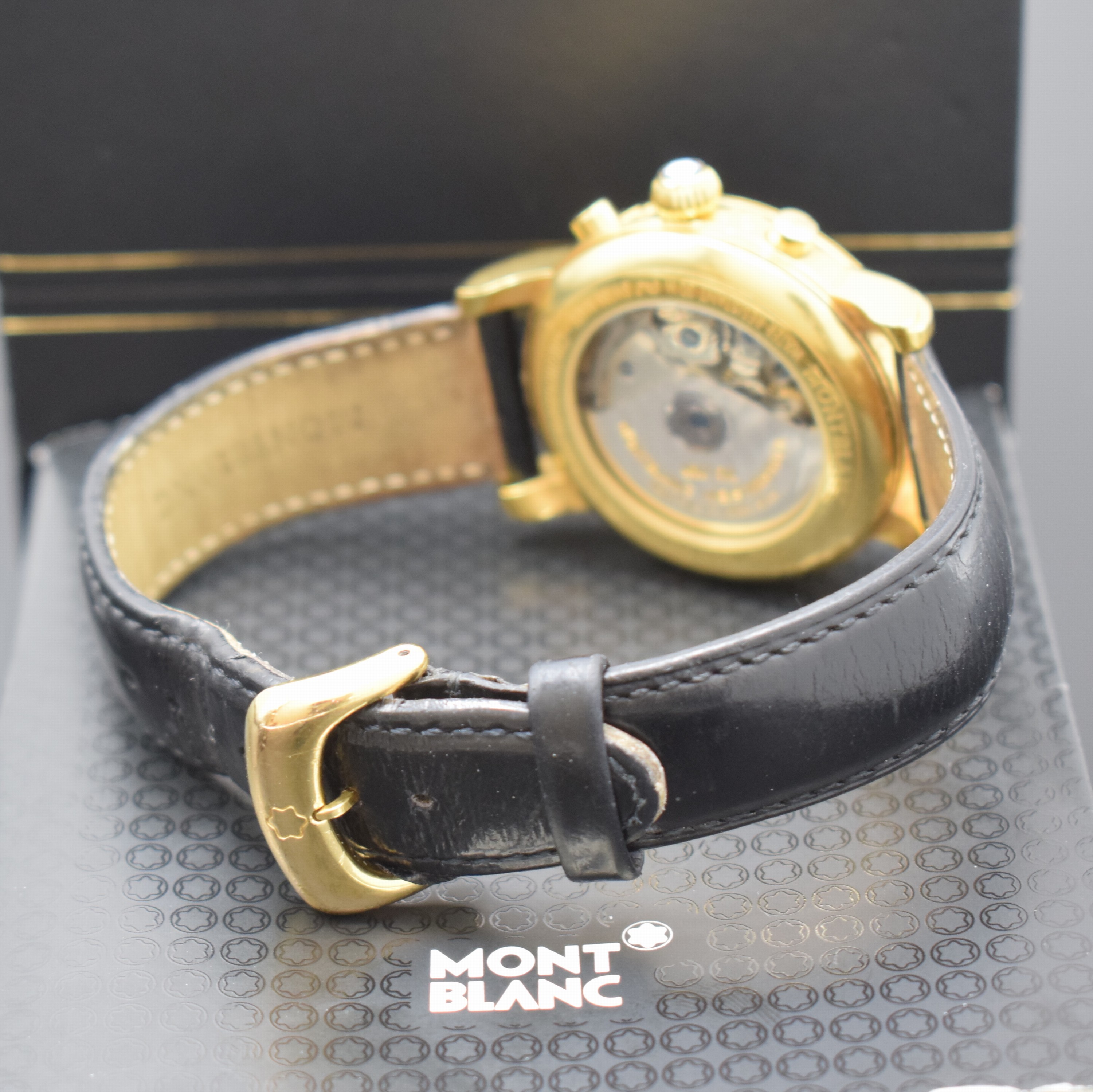 Detail b: MONTBLANC Meisterstück vergoldeter Armbandchronograph, Schweiz verk. lt. Pap. 12/1997, Automatik, beids. vergl., orig. Lederband m. Dornschl., ...