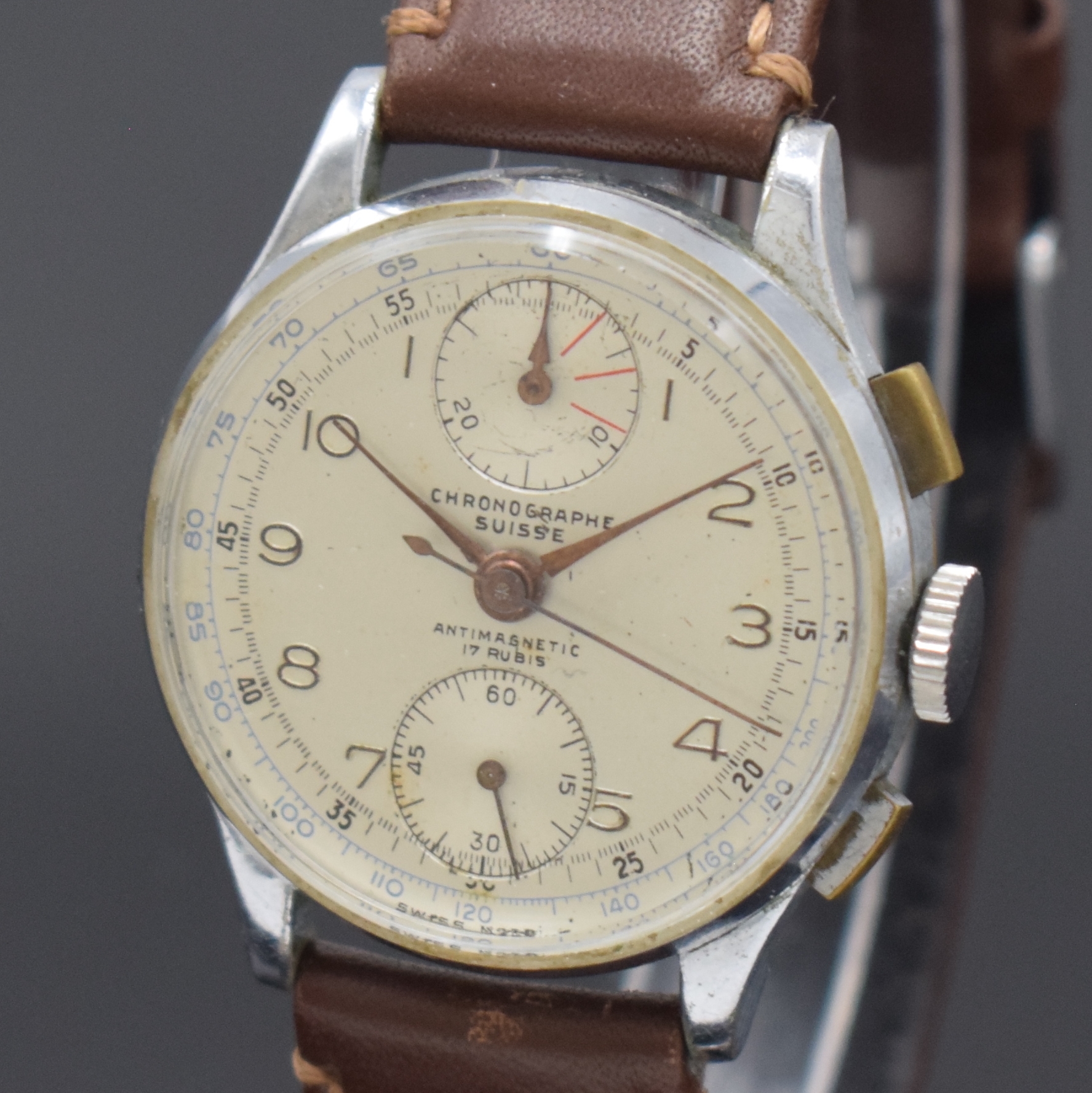 Detail a: CHRONOGRAPHE SUISSE Schaltradchronograph Kaliber Venus 170, Schweiz 1940er Jahre, Handaufzug, verchr. Gehäuse, Stahlboden aufgedr., silb. Zifferbl. ...